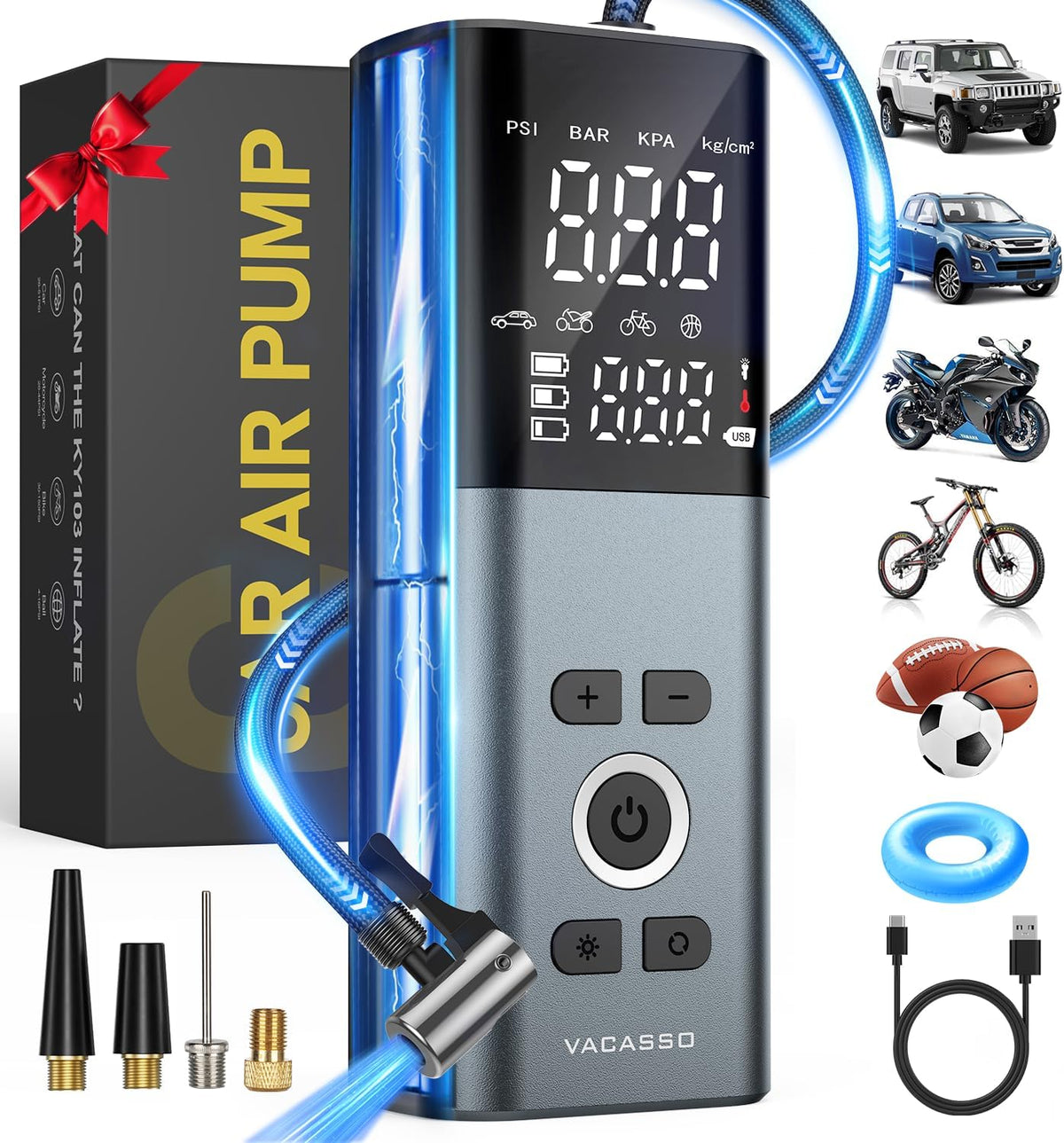 Tire Inflator Portable Air Compressor, 150PSI Air Pump For Car Tires with Accurate Tire Pressure Gauge, 20,000mAh Cordless Air Compressor for Car, Motorcycle, Bike, Balls and More, Smart Autostop