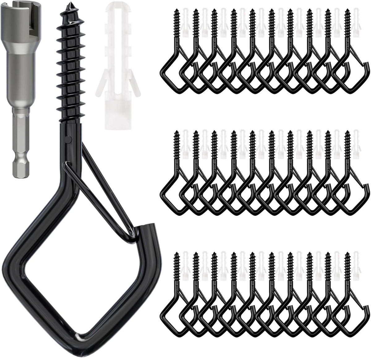 Square Ceiling Hooks with Safety Buckle for String Lights, Plants, Wind Chimes, 40-Pack, 2.36 inch, Black