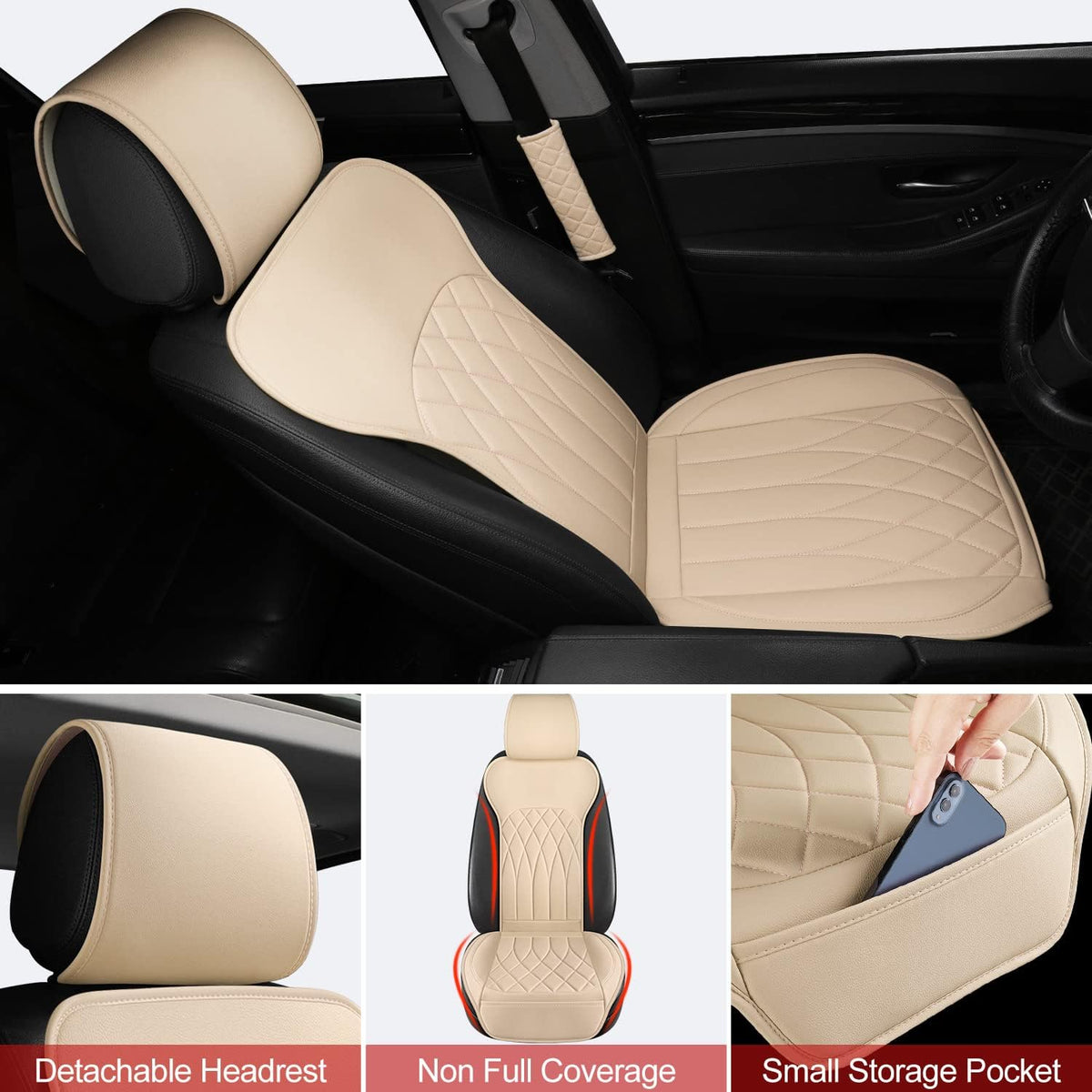 1 Pack Leather Front Car Seat Cover, Universal Sideless Car Seat Protector with Storage Pocket and Seat Belt Pad, Waterproof Automotive Seat Cover Cars Trucks SUV(Beige)
