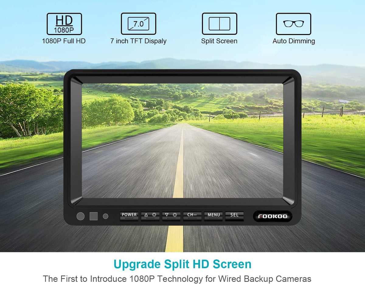 Fookoo Ⅱ 7" 1080P Wired Backup Camera System, 7-inch HD Dual Split Screen Monitor W/Recording IP69 Waterproof Front/Rear View Cameras Parking Lines for Truck/Trailer/RV (FHD2)