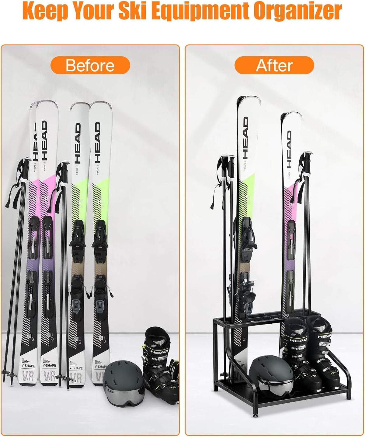Ski Storage Rack for Garage - Freestanding Ski Holders for 4 Pairs of Skis, Ski Boot, Ski Poles, Goggles, Helmet and More, Heavy Duty Steel Floor Stand Ski Organizer for Garage Basement