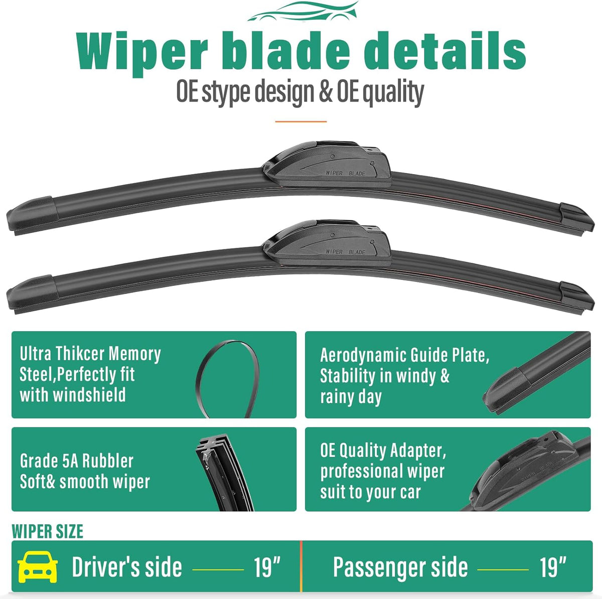 19" 19" 10" Windshield Wiper Blades Replacement for Jeep Liberty 2002 2003 2004 2005 2006 2007 Premium All Weather Front Rear Wipers Set - OEM Quality (Pack of 3)