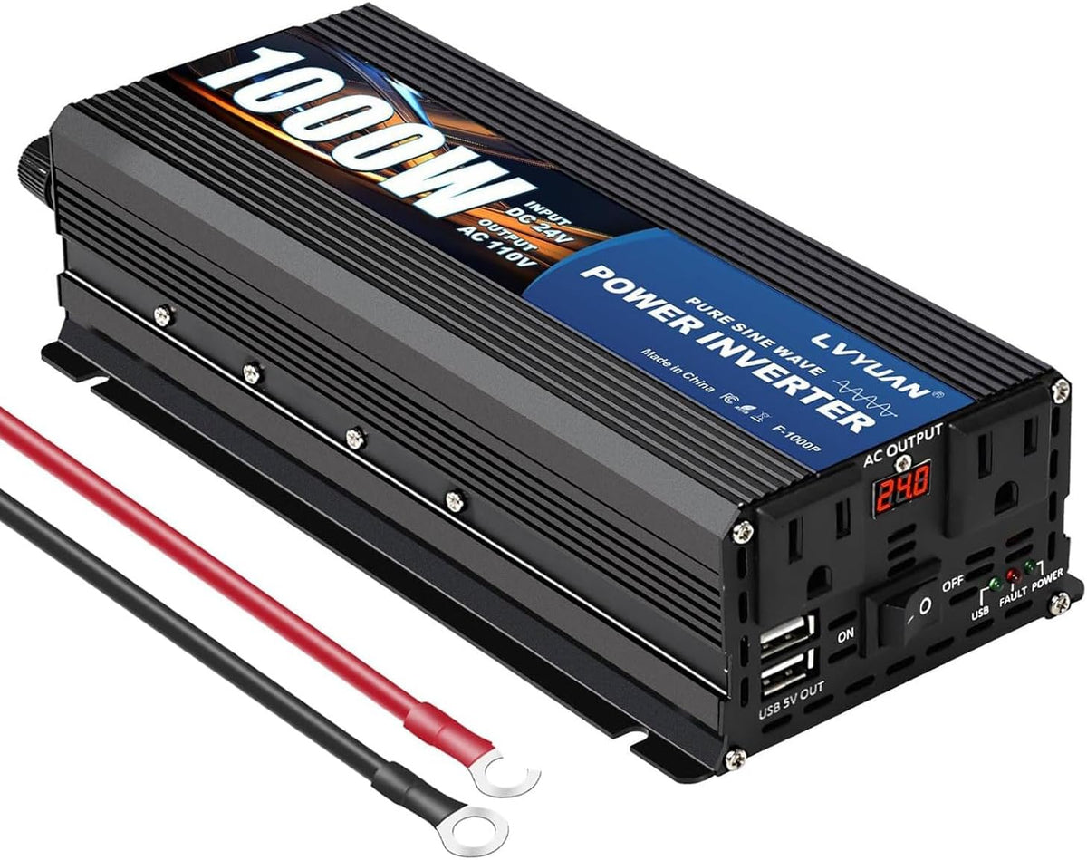 LVYUAN 1000 Watt Pure Sine Wave Power Inverter 24V to 110V/120V DC to AC Converter with Dual Sockets, Dual USB Ports, LED Display for Home Outdoor RV Car Power Inverter Power Adapter