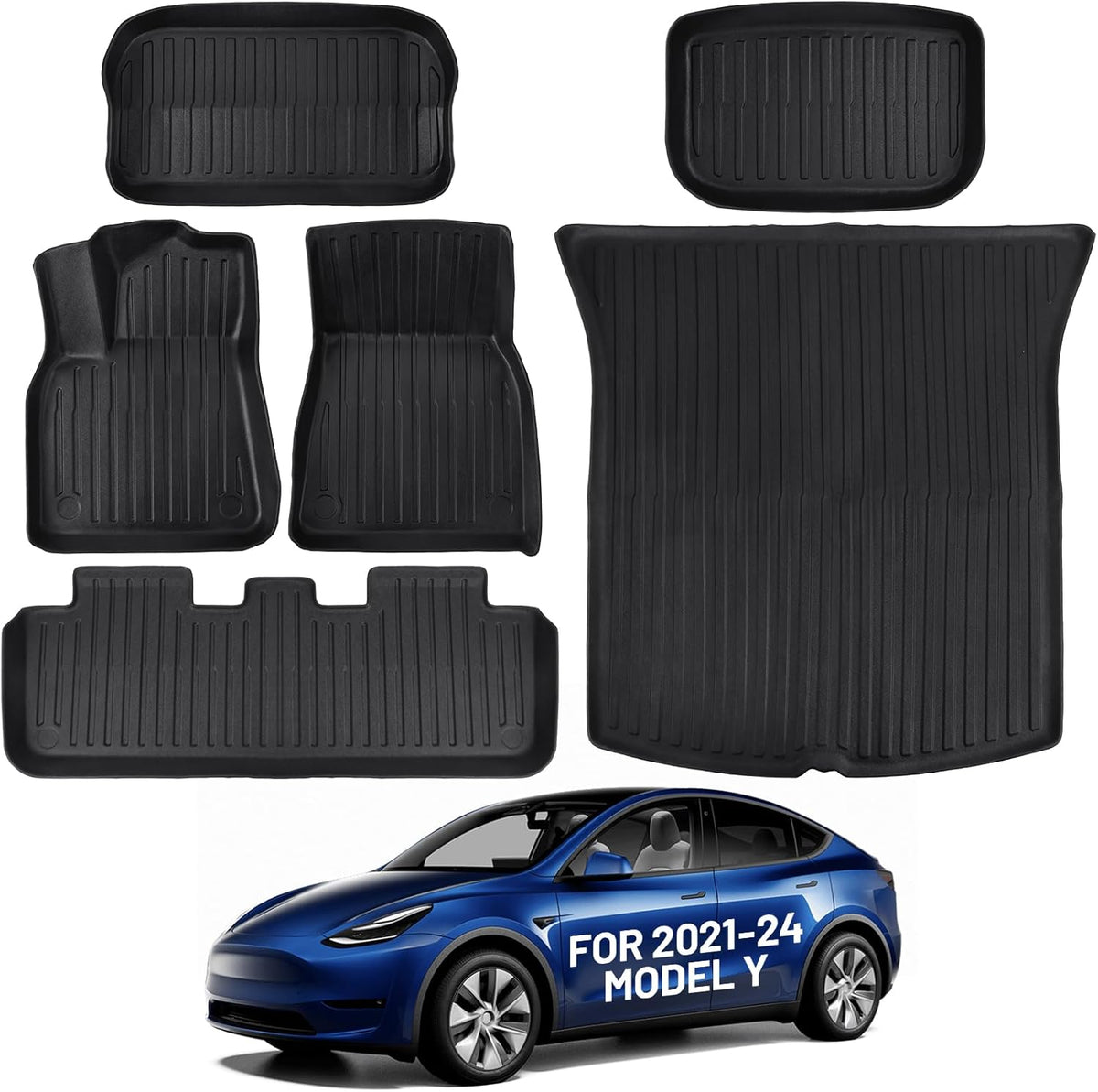 Floor Mats for 2021-2025 Tesla Model Y Custom Fit All Weather TPE Trunk Mats Front & Rear Waterproof Anti-Slip Cargo Liners Accessories for 6 Car Mats 5-Seater (Not Fit 7-Seat)