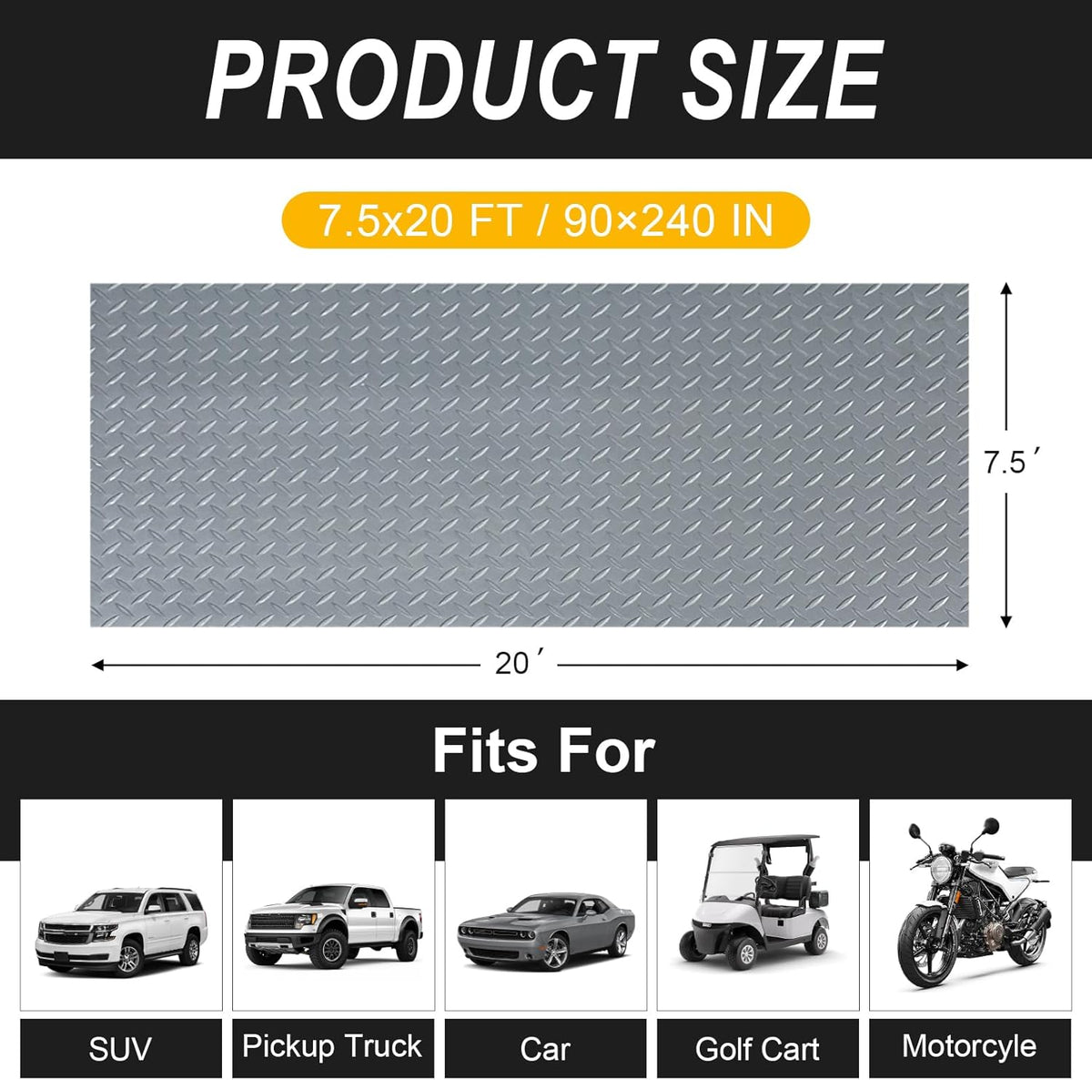 7.5x20 FT Garage Floor Mat, 2.8mm Thickened Flooring Roll with 20Pcs Tapes, Diamond Plate PVC Rubber Trailer Mat, Non-Slip Floor Protector Mat for Garage, Warehouse, Gyms, Trailer(Gray
