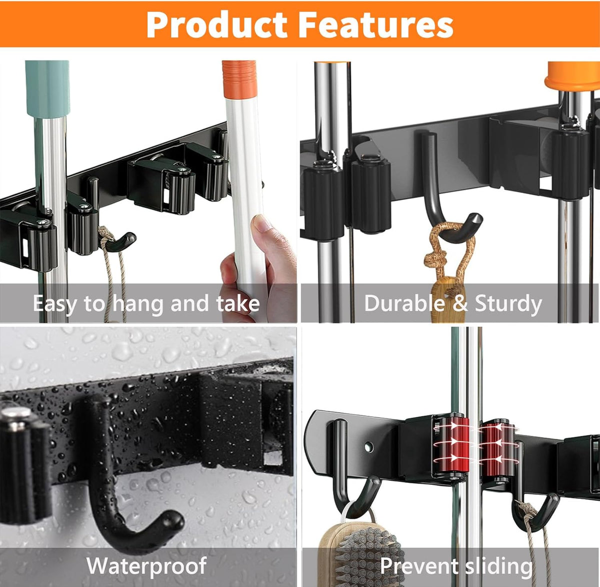 2 Pack Mop and Broom Holder Wall Mount, Non-slip Broom Hanger Wall Mount, Heavy Duty Mop Broom Organizer for Kitchen Garden Garage Laundry Room Wall Decor Organization and Storage Black 3R4H