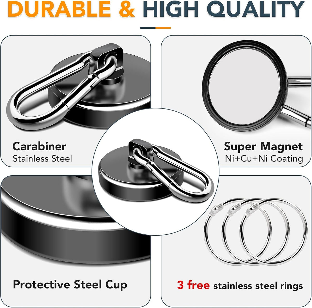MIKEDE Strong Magnetic Hooks Heavy Duty, 200LBS+ Black Swivel Neodymium Magnets with Carabiner Hook, Hooks for Hanging, Curtain - 4 Pack