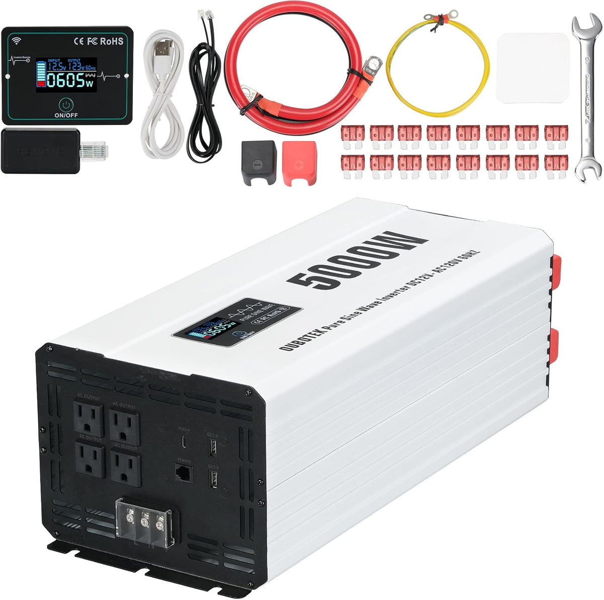5000 Watts Power Inverter Peak 10KW, Pure Sine Wave 12V DC to 120V AC Off Grid Solar Inverter with Wireless Remote Control LCD Display 4 AC Outlets Hardwire Terminal for Home RV Camping