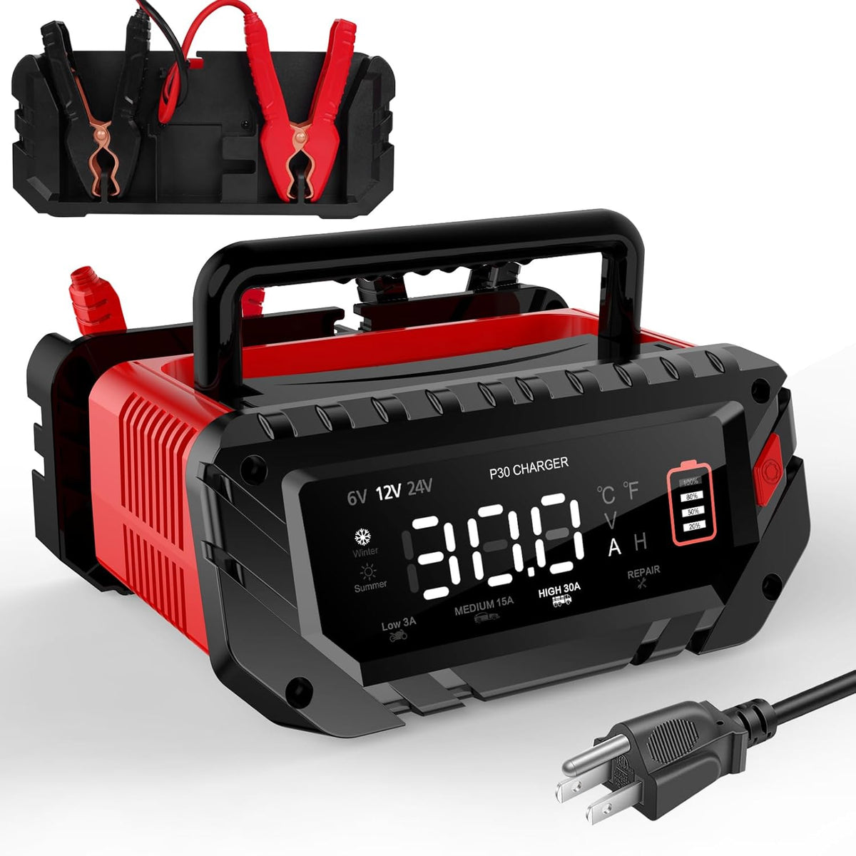 30 Amp 6V/12V/24V Smart Trickle Charger, Car Battery Charger, Lithium, Lifepo4, Lead Acid (AGM/Gel/SLA) Battery Maintainer, Desulfurizer, For: Car, Boat, Motorcycle, Lawn Mowers
