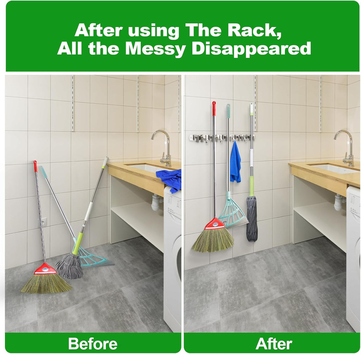 voze 3 Racks and 4 Hooks Mop and Broom Holder Wall Mount, Self Adhesive Heavy Duty Broom Organizer Storage Tool Racks for Kitchen Garden Laundry Garage