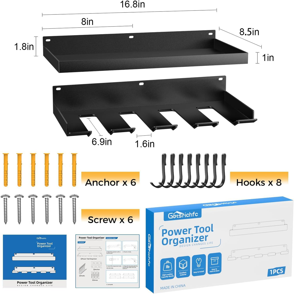 Power Tool Organizer Wall Mount with 4 Drill Holder, Formed Integrally Heavy Duty Garage Tool Organizers and Storage with Hooks for Battery, Tool Box, Screwdriver, Plier and Hammers Gifts for Men