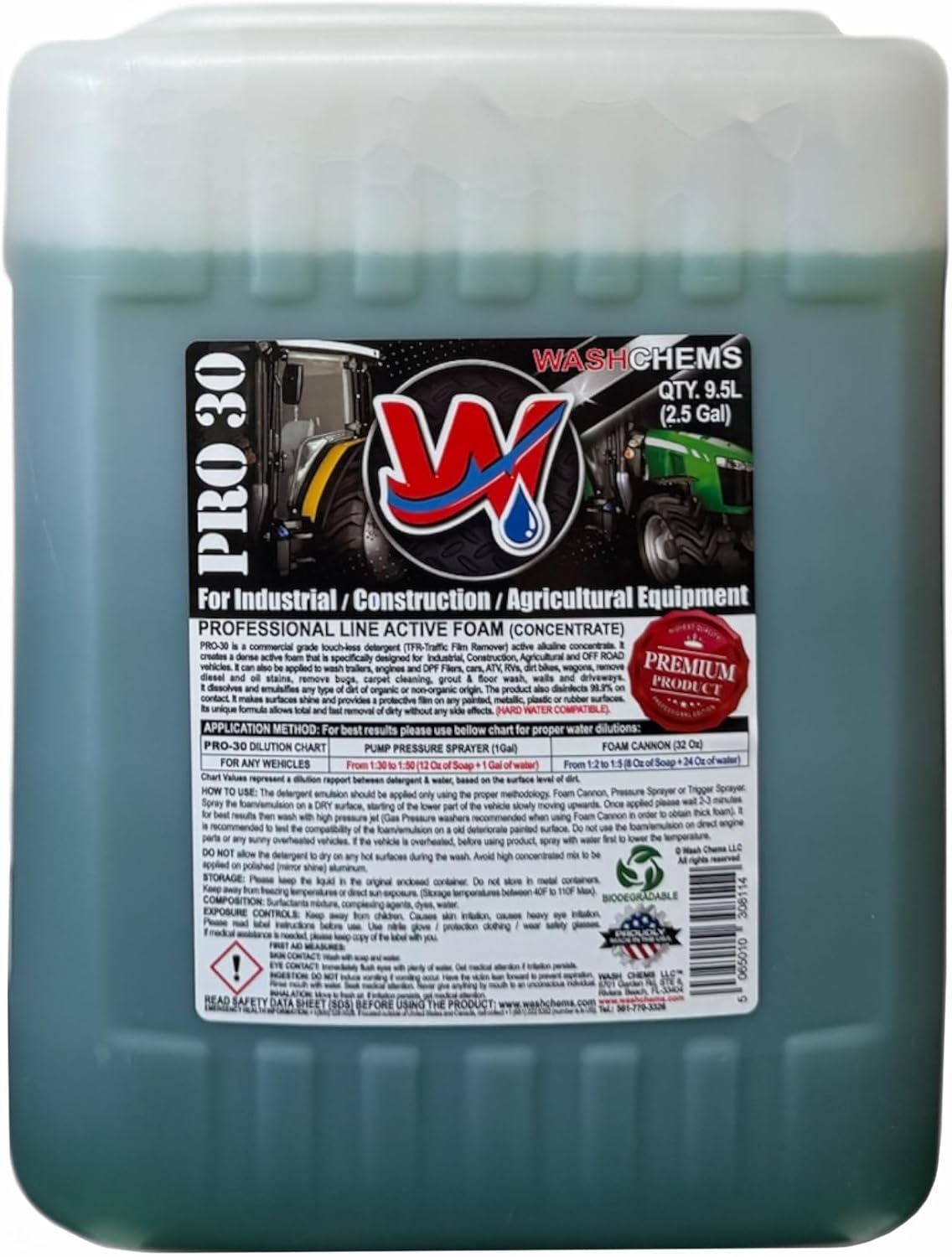 Wash Chems Pro 30 Touchless Industrial Construction Equipment One Step Detergent Soap Concentrate No Brushing, Commercial Grade Professional Auto Foam Cleaner