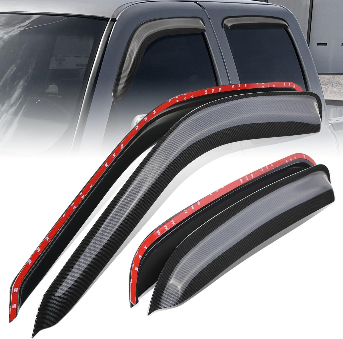 Auto Dynasty Set of 4 Carbon Fiber Pattern Window Visors Compatible with 2001-2007 Chevy Silverado Avalanche Suburban GMC Sierra Yukon Crew Cab, Tape-On Rain Guards Shield Vent Shade Deflector, Black
