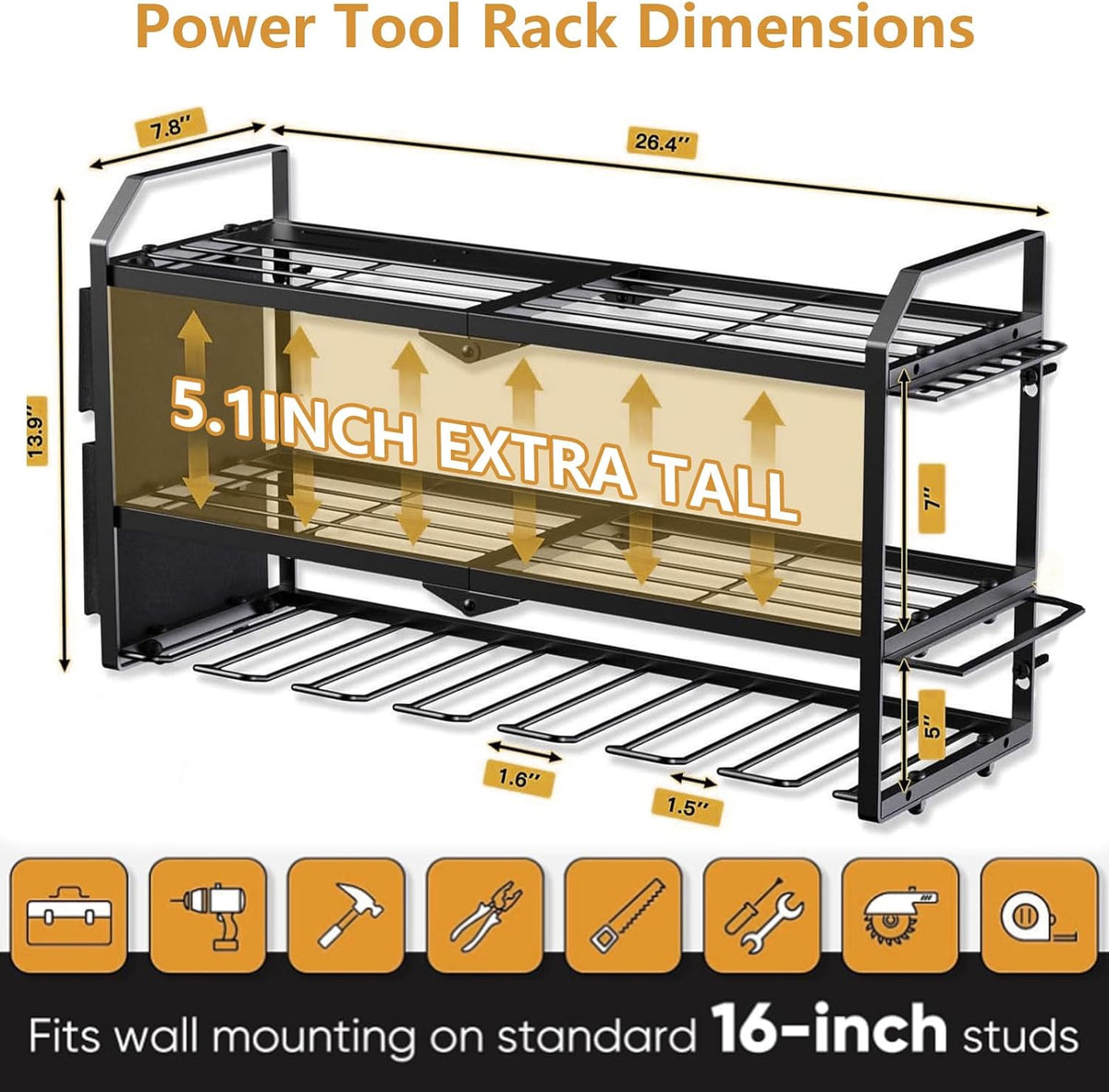 Power Tool Organizer with Charging Station: 7 Cordless Drills Holder Wall Mount Power Tool Shelf Storage Systems with 4 Outlet Power Strip, Electric Tool Storage Rack for Garage Organization/Workshop