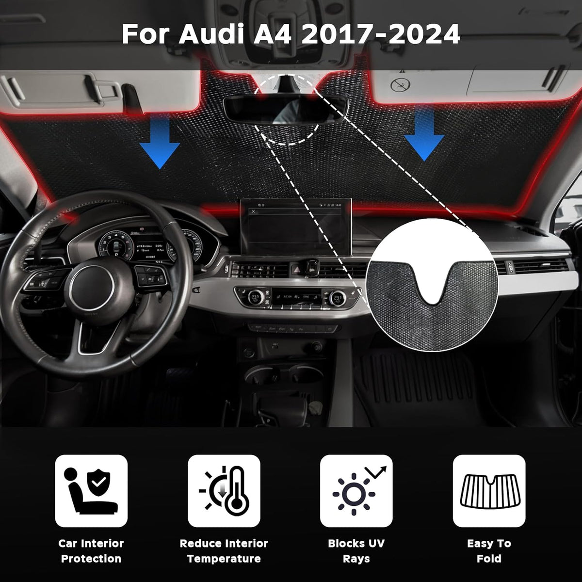 Windshield Sun Shade for Audi A4 2017-2024 - 5-Layer Bubble Foldable Front Window Shade Sun Visor Accessories - Blocks Heat & UV Rays