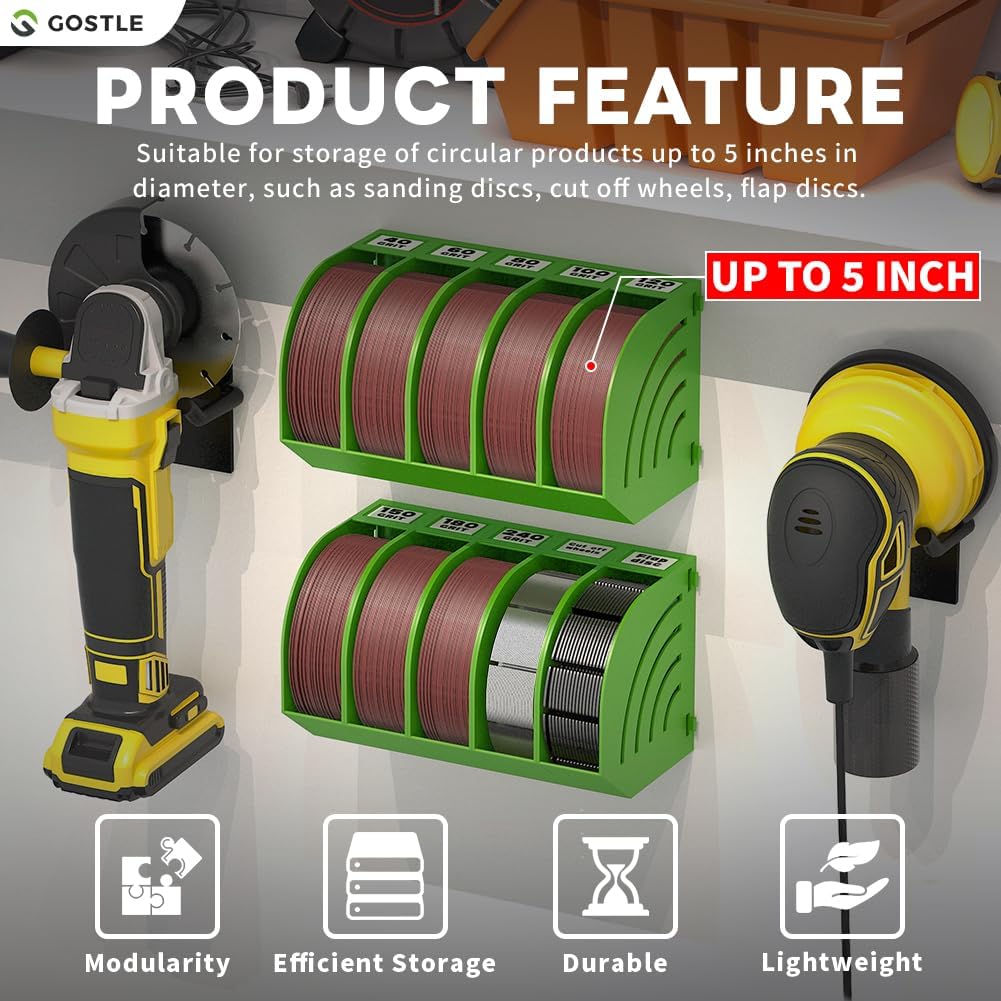 5 Inch Professional Sanding Discs Storage Bins - 6 Bins Set for Efficient Organization, Offset Snap-On Connection, Grit Classification, Space-Saving Design and Versatile Application, Green