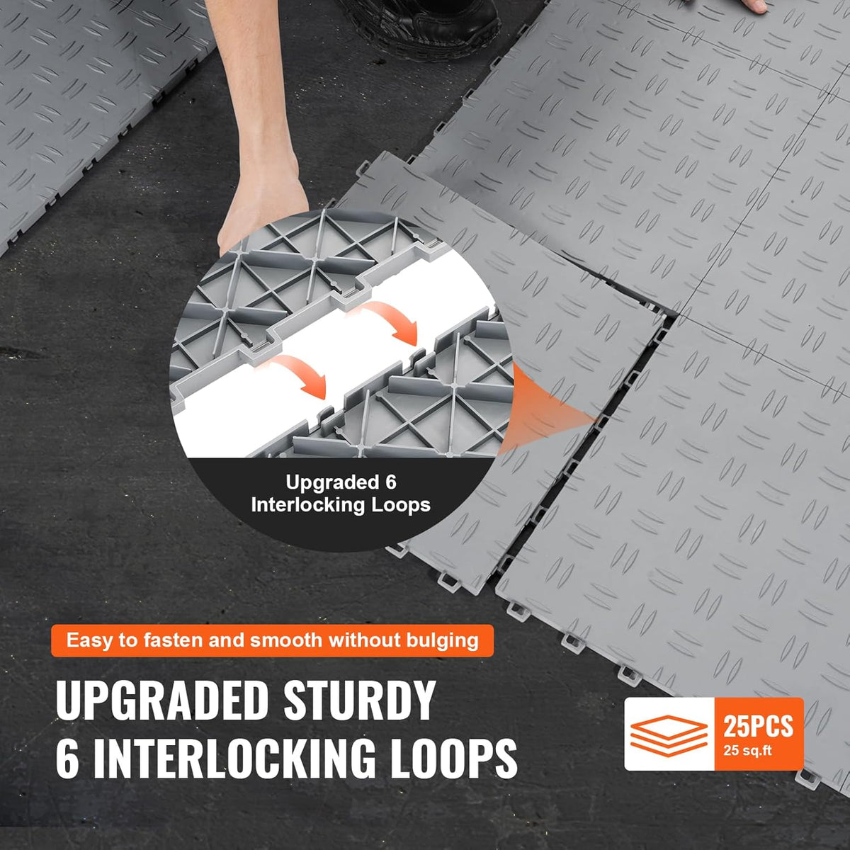 VEVOR Garage Tiles Interlocking, 12 x 12 x 0.53 inch 25 Pack Garage Floor Covering Tiles, Non-Slip Double-Sided Texture Garage Flooring Tiles, for Garages, Basements, Repair Shops, Silver