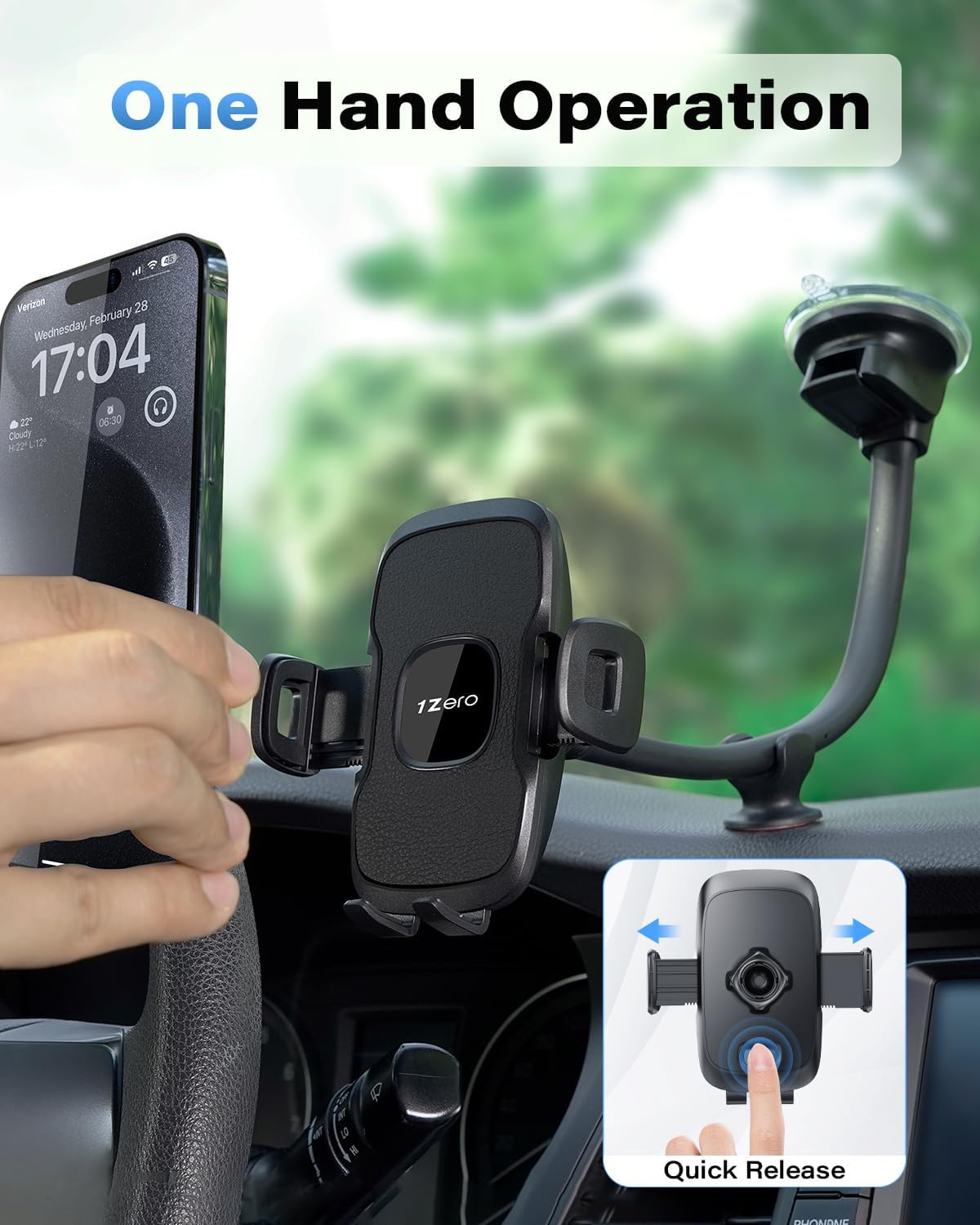 1Zero Solid Car Truck Phone Mount Holder with 14-Inch Gooseneck Long Arm, Windshield Window Mobile Holders w/Industrial-Strength Suction Cup, Anti-Shake Stabilizer Compatible All Cell Phones, Black