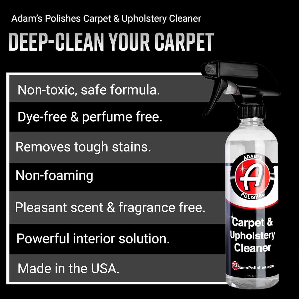 Adam's Polishes Carpet & Upholstery Cleaner - Powerful Carpet Cleaner For Auto Detailing | Cloth, Upholstery & Fabric Car Interior Cleaning Solution | Stain Remover Spray For Car Seat, Floor Mats
