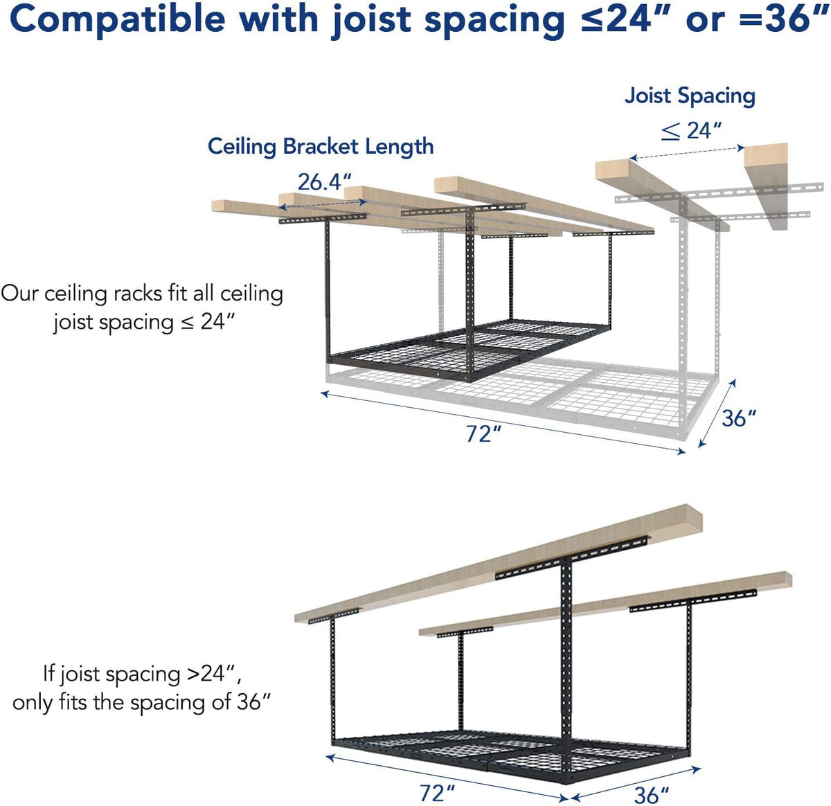 FLEXIMOUNTS 2 Pack 3x6 Overhead Garage Storage Adjustable Ceiling Rack 72" Length x 36" Width x 40" Height, 900lbs Total Weight Capacity, Black