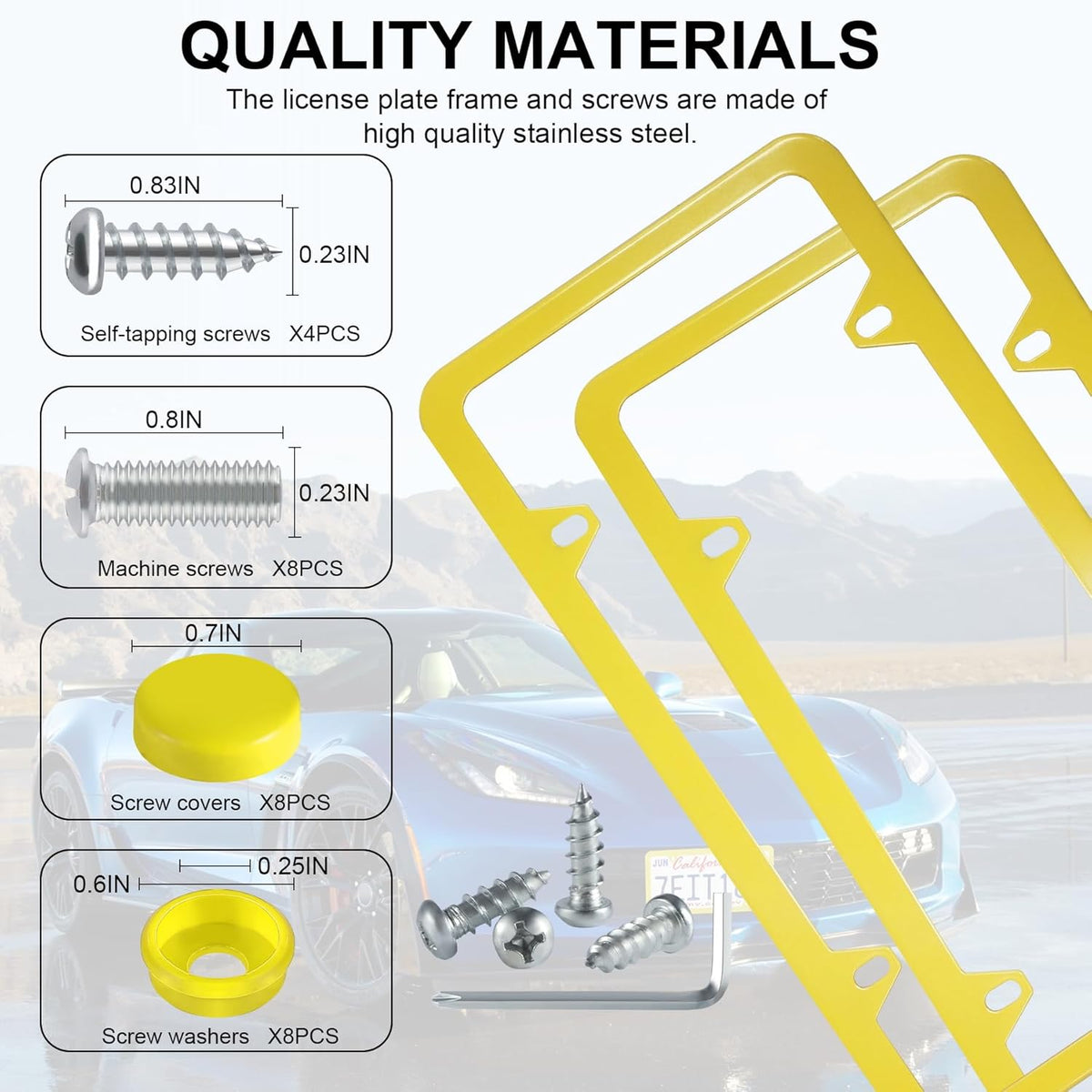 LivTee 4 Holes Stainless Steel License Plate Frames, 2 PCS Car Licence Plate Covers, Automotive Exterior Accessories Slim Design with Bolts Washer Caps for US Vehicles, Yellow