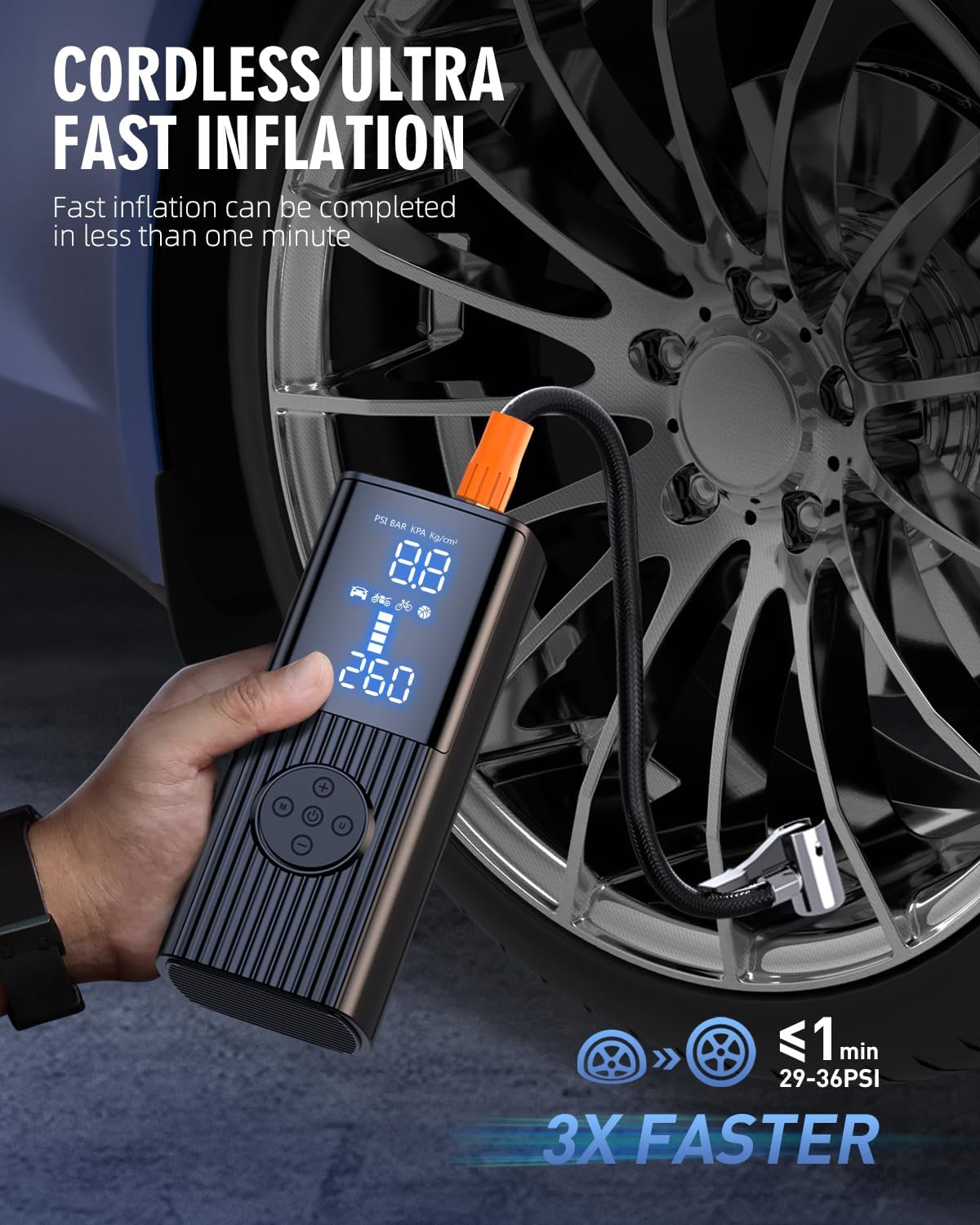 Tire Inflator Portable Air Compressor, 180PSI Portable Air Compressor with with LED Light, 25000mAh & 3X Faster Inflation Air Pump for Car, Bike, Motorcycle, Ball and more