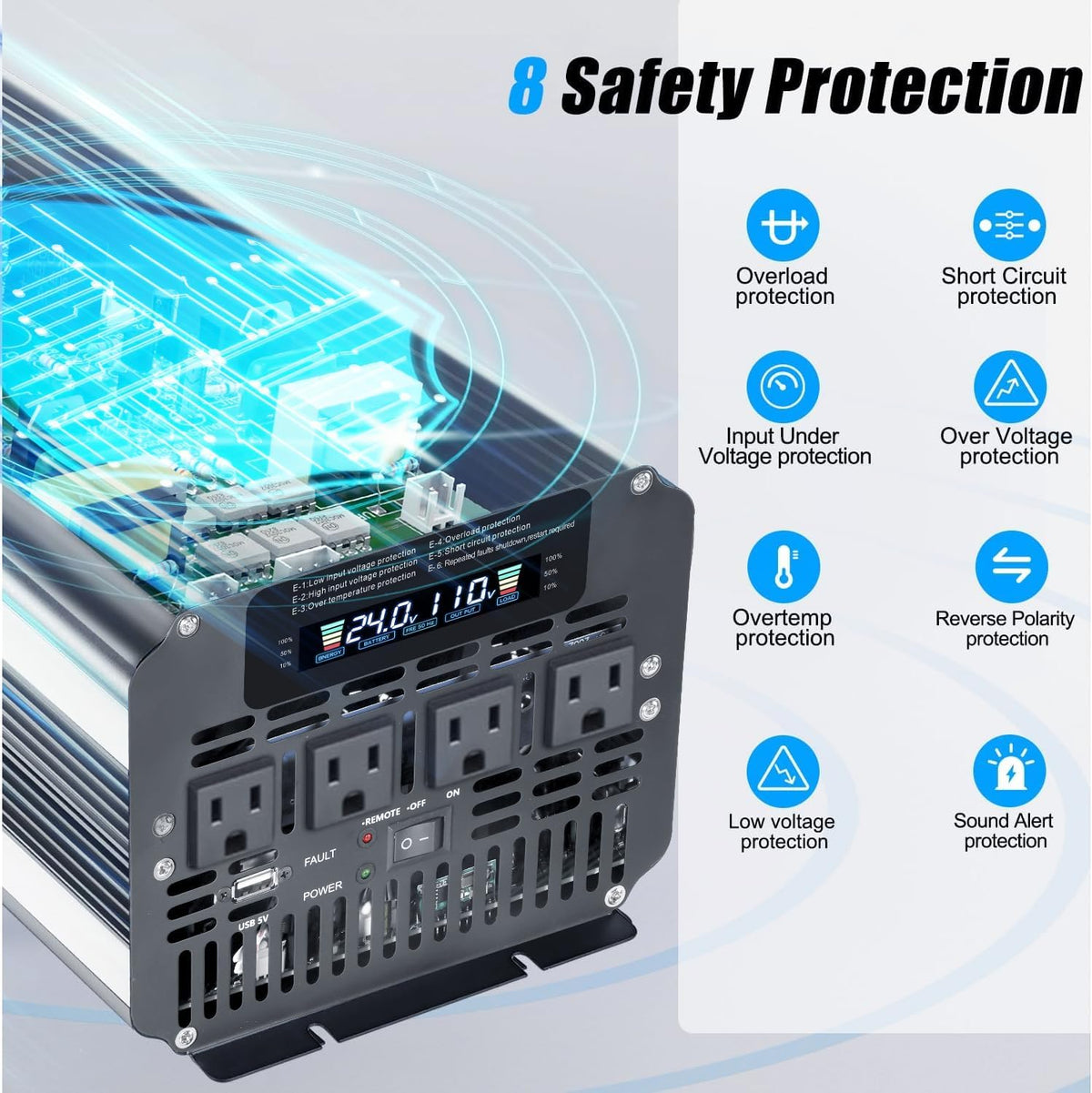 4000 Watt Power Inverter, Car Inverter 24V DC to 110V/120V AC Converter with LCD Display, 4 AC Outlets, USB Port & Remote Controller for RV, Truck, Off-Grid Solar System