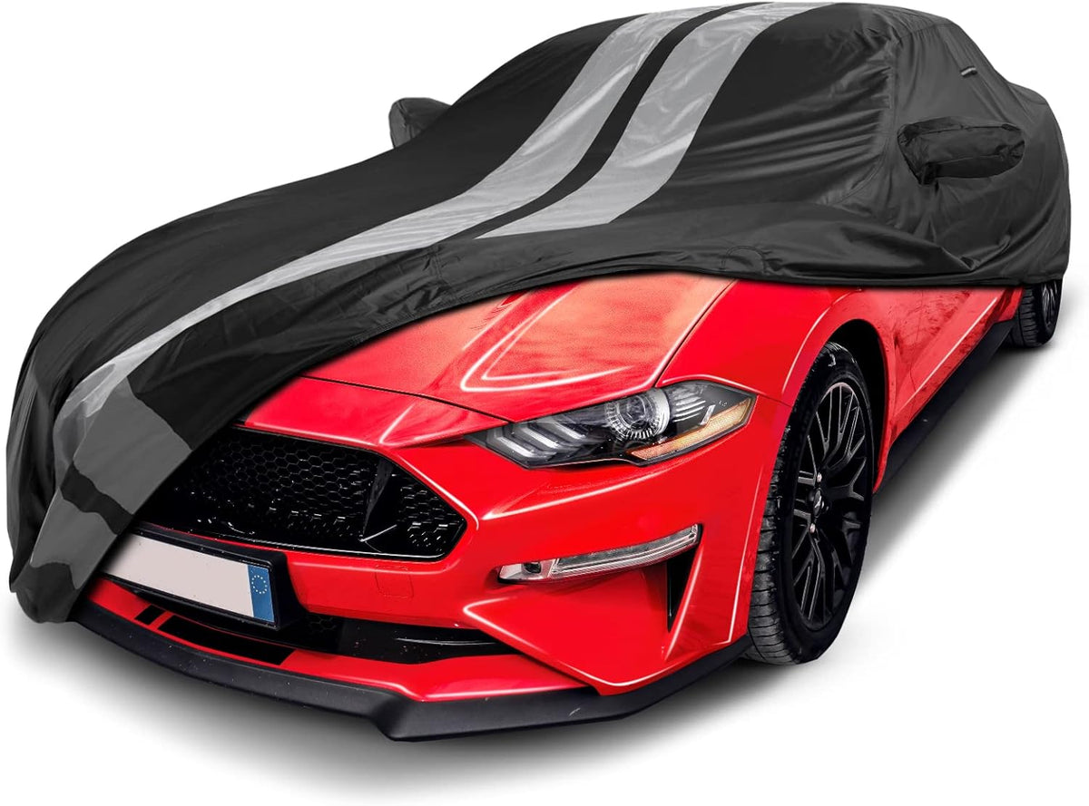 iCarCover Custom Car Cover for 2005-2025 Ford Mustang GT, Ecoboost, Mach 1, V6 Waterproof All Weather Rain Snow UV Sun Protector Full Exterior Indoor Outdoor Car Cover (Stripe - Black/Gray)