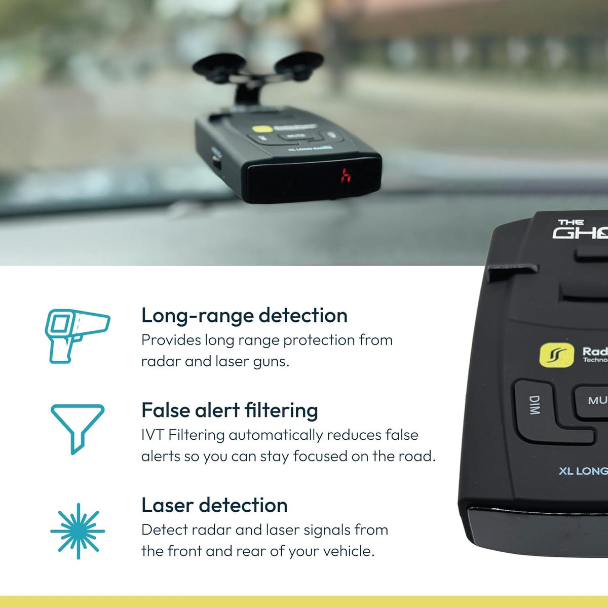 RadarShield Advanced Radar Detector for Cars, Ghost Pro Radar & Laser Detector with Long Range Detection, IVT Filtering, Laser Detection, Mute & Dim Buttons, Includes Mount & 12V Adapter, Black
