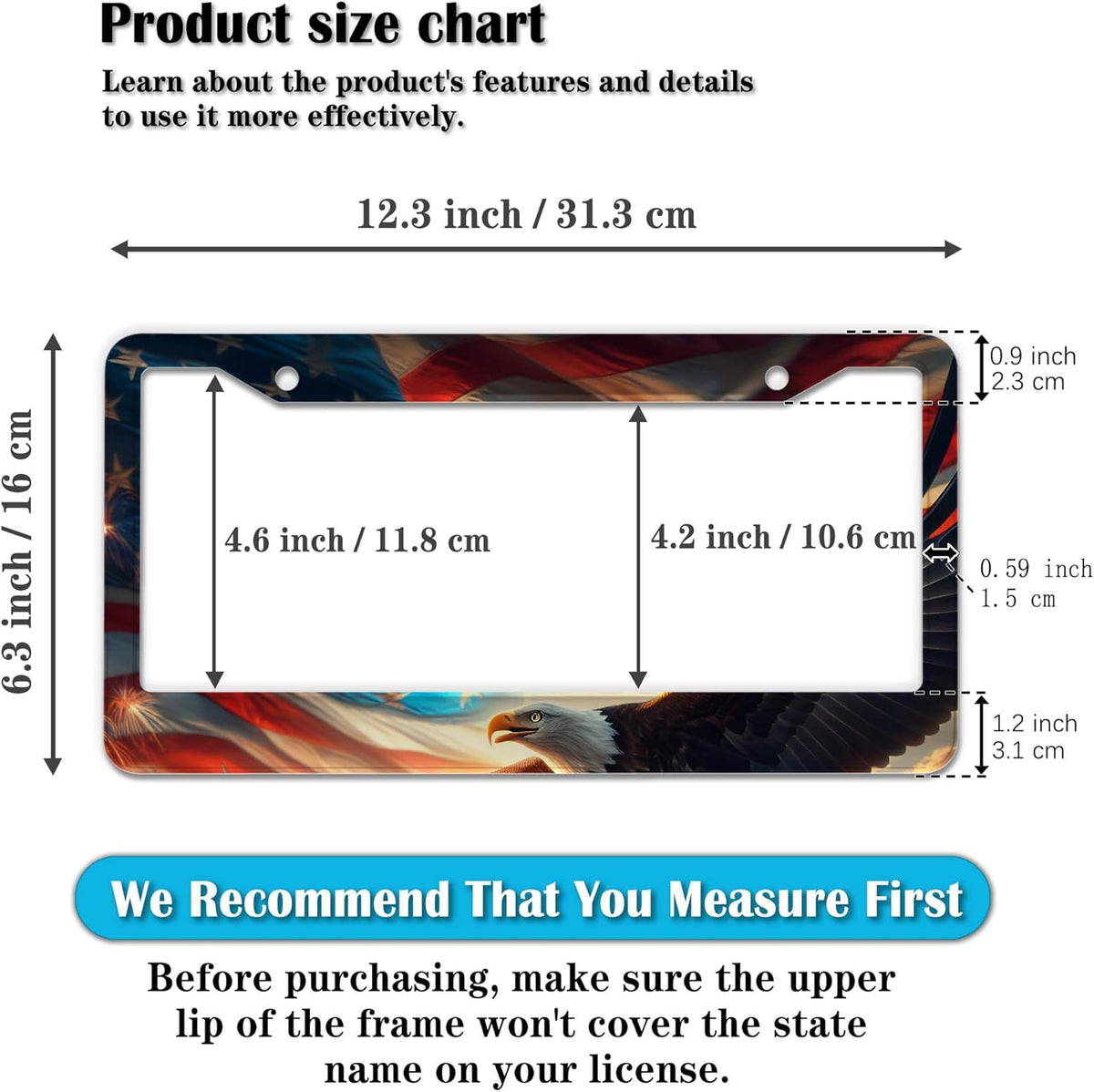 Automotive Exterior Accessories Multicolor License Plate Frames American Flag Eagle Aluminum Metal Car Accessory 2 Pack with Screw Covers Set