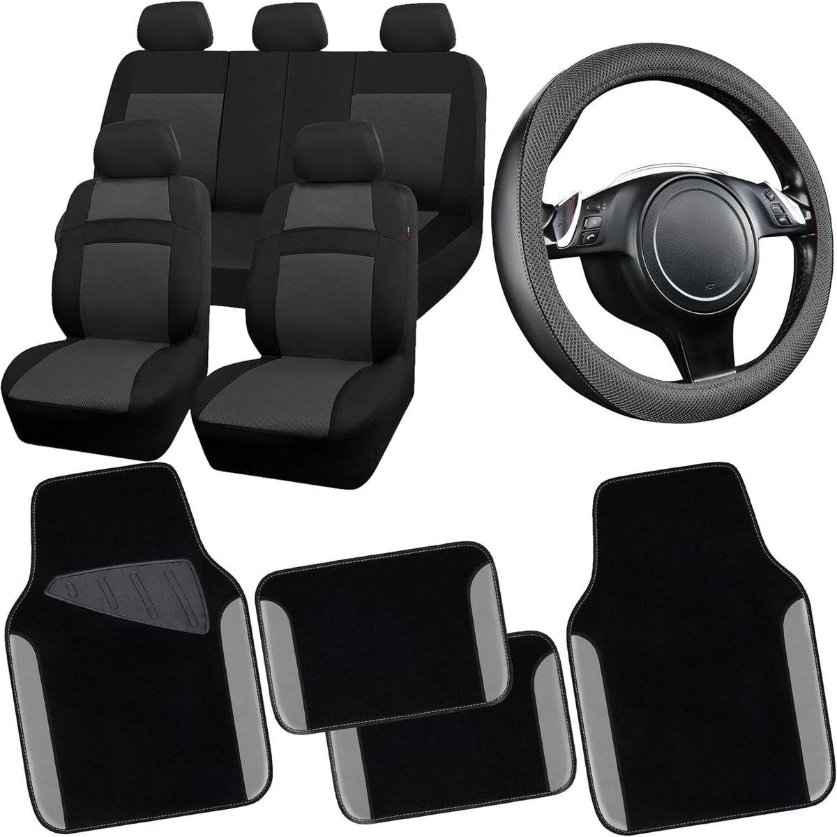 CAR PASS 3D Air Mesh Car Seat Covers Full Sets w/5mm Sponge, 4Pcs Waterproof Car Floor Mats, Steering Wheel Cover Universal Fit for SUV Sedan Truck, Airbag Compatible Automotive Interior(Black Gray)
