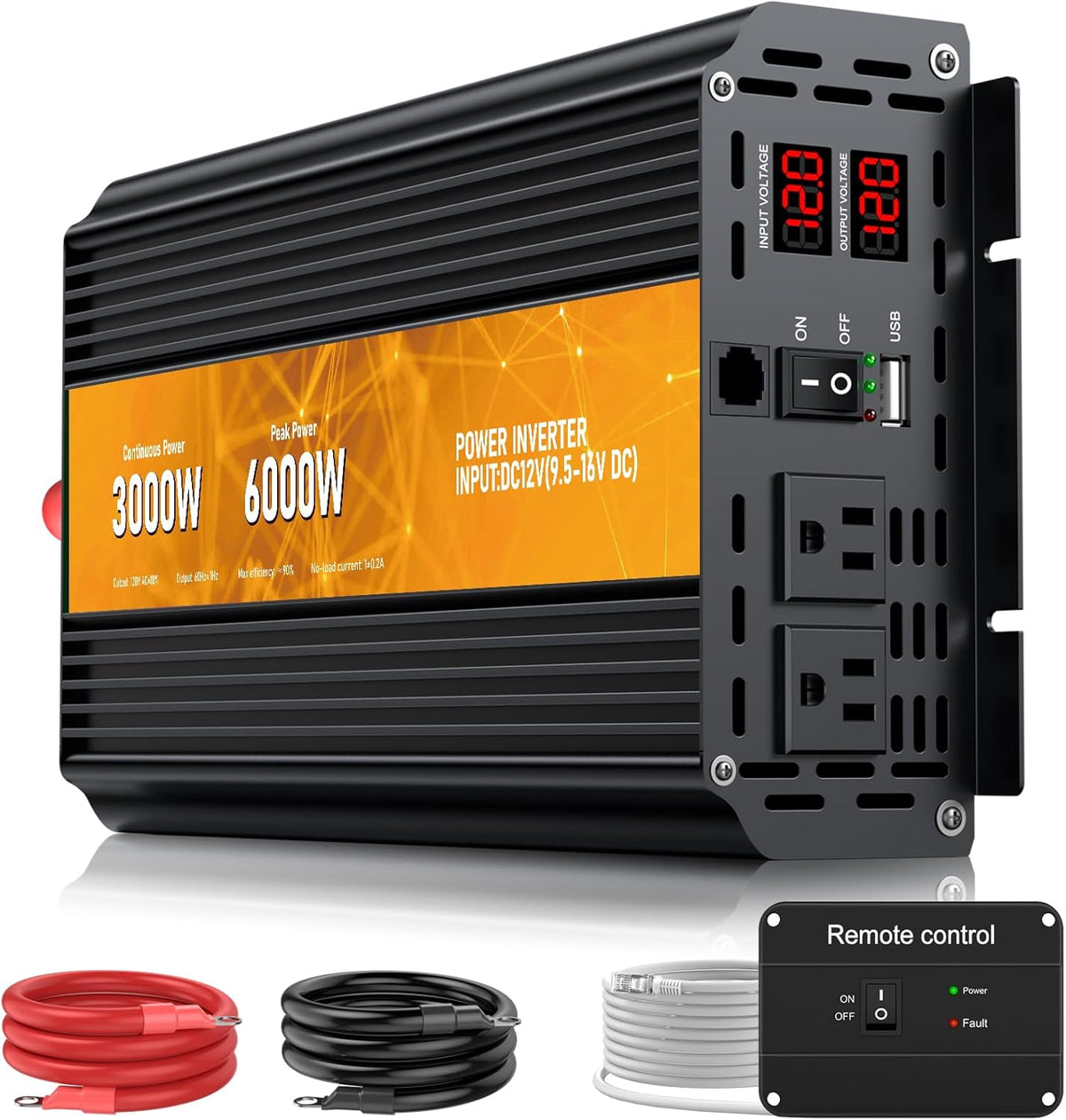 3000W Power Inverter,Peak Power 6000W 12V DC to AC 110V120V,Remote Control with 2AC Outlets and 2.4USB Port,LCD Display for Power Converter,Outdoor Activities,Emergency,Vehicles Truck RV Solar System