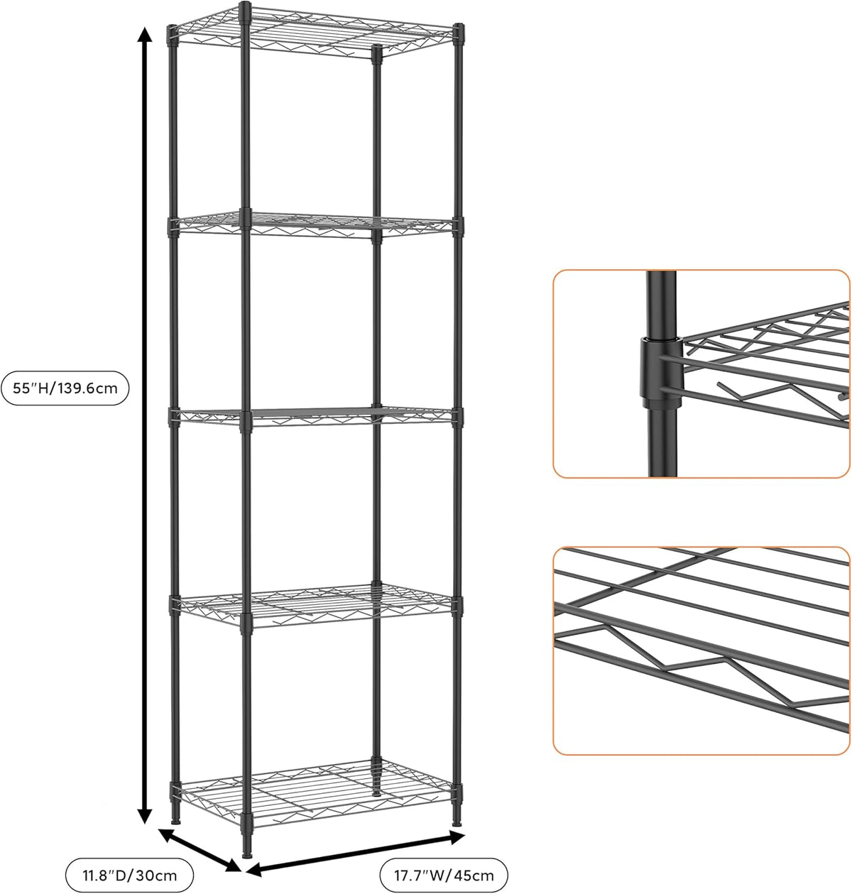 5 Tiers Shelf Metal Storage Shelves Wire Rack Closet Organizers with Wheel for Garage Kitchen Bathroom Laundry Black 11.8" D x 17.7" W x 55" H