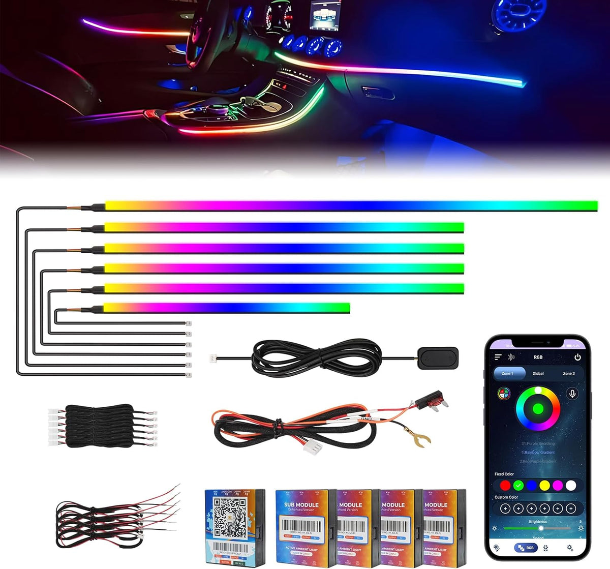 2025 Upgraded Acrylic Interior Car LED Strip Light with Self-Developed App Dreamcolor RGB 6 in 1 | Zone Control | Super Brighter LED Strips | Music Sync | 16M Colors Car Ambient Lighting