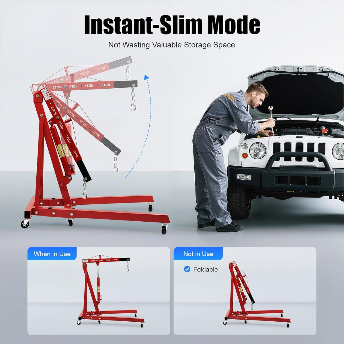 Folding Engine Hoist 1 Ton Engine Crane Lift with 6 Caster Wheels 2200LBS Steel Hydraulic Engine Crane 4 Adjustable Positions for Car Fixing Workshops Garages Warehouse(Sent in 2 Packages)