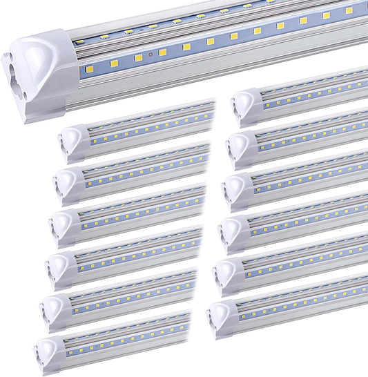 (12-Pack) 8ft LED Shop Light Fixture, 100W 15000LM 6000K, Cold White, V Shape, Clear Cover, Hight Output, Linkable Shop Lights, T8 LED Tube Lights for Garage 8 Foot with Plug