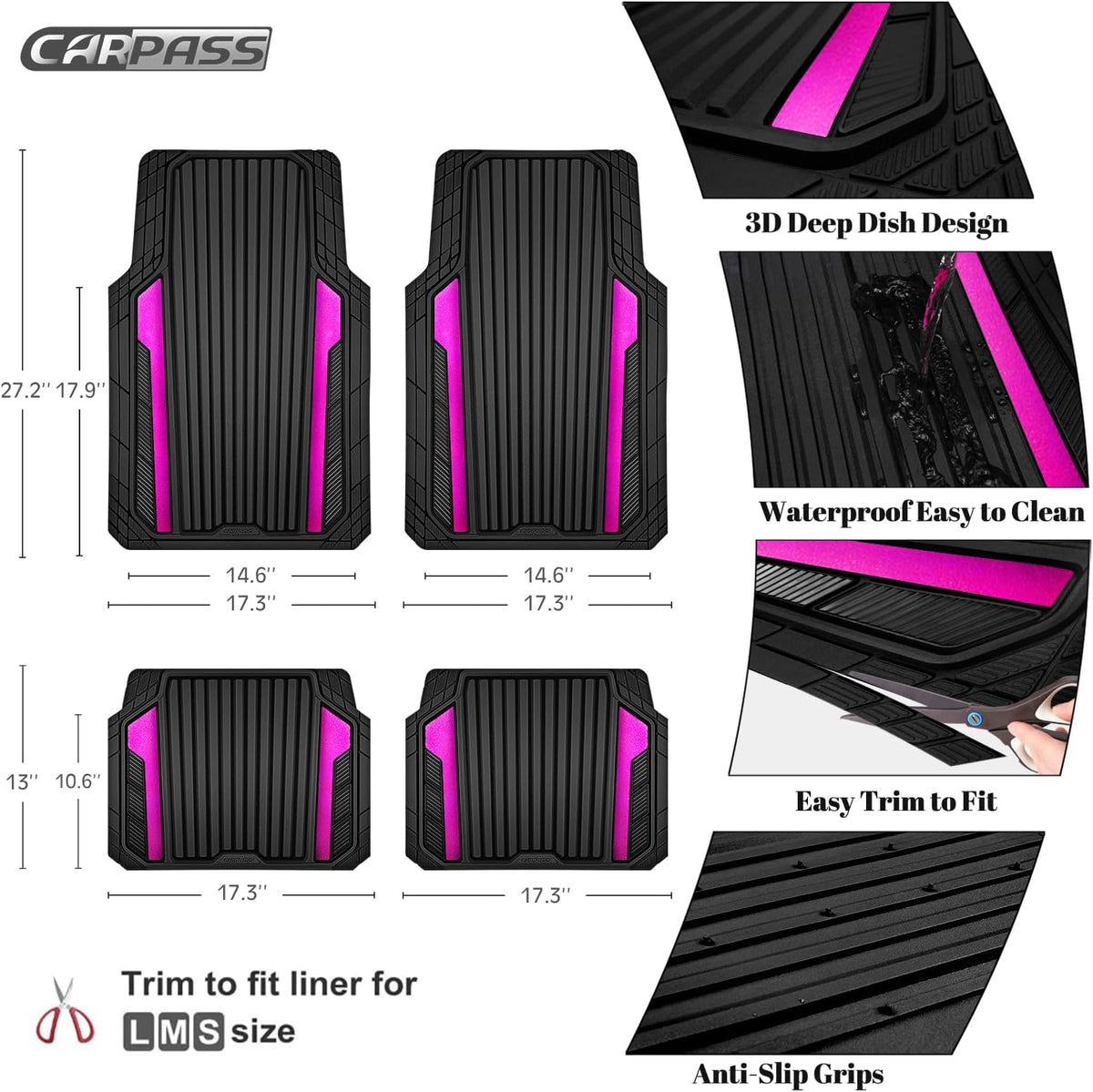 CAR PASS Heavy Duty Rubber Car Mats Metallic, Aluminum Film All Weather Floor Mats Waterproof Universal Trim to Fit for SUV Sedan Van 4 Piece Anodized Deep Dish Two-Tone Sporty Black Hot Pink Chrome