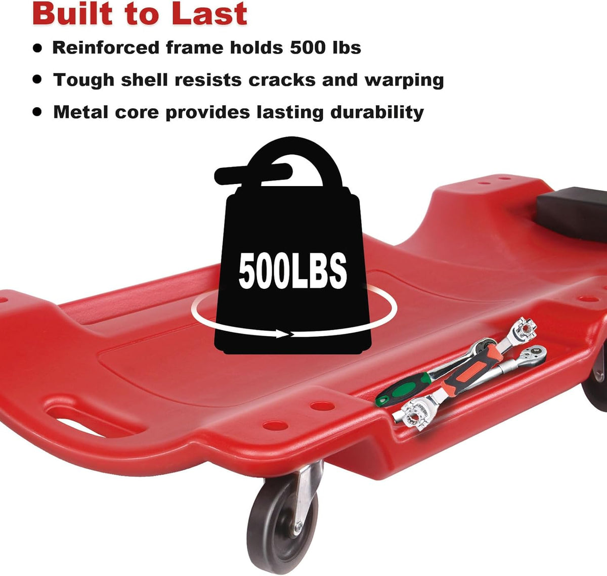 Mechanic Creeper - 40 Inch Rolling Garage Creeper with Padded Headrest and Dual Tool Trays - Low Profile Design for Under Car Repairs - Heavy-Duty Frame 500lb Capacity Red