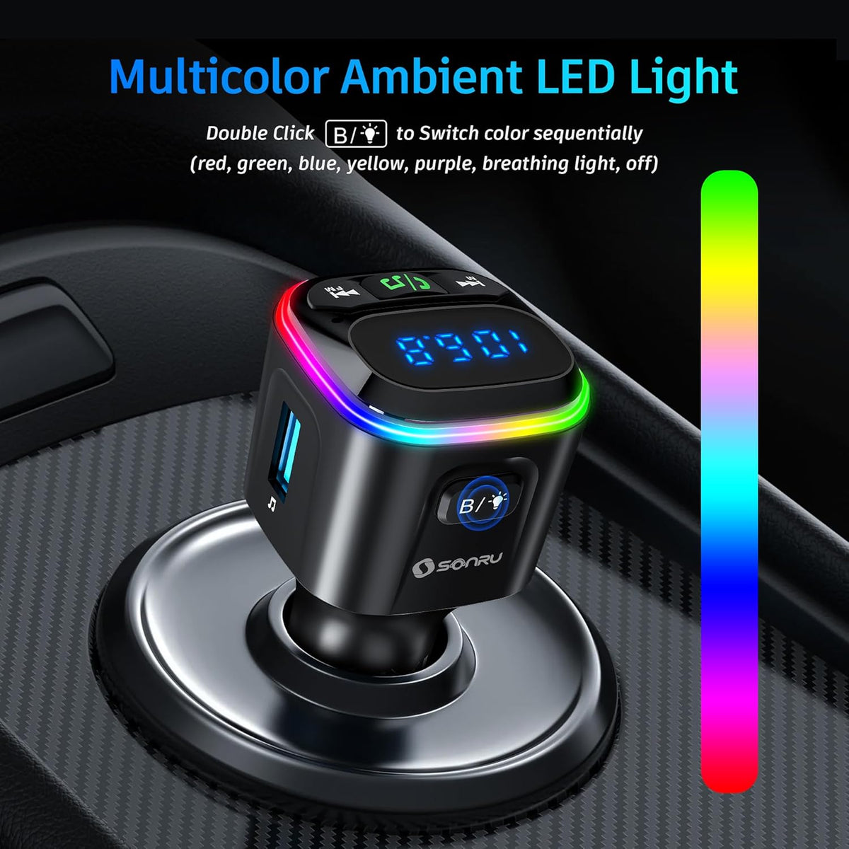 Bluetooth 5.3 FM Transmitter Car Adapter [PD36W & QC18W] [Fast Charging] Wireless Radio Adapter HiFi Bass Sound Hands-Free Calling LED Display with Light Switch Support Bluetooth/U Disk/TF Card