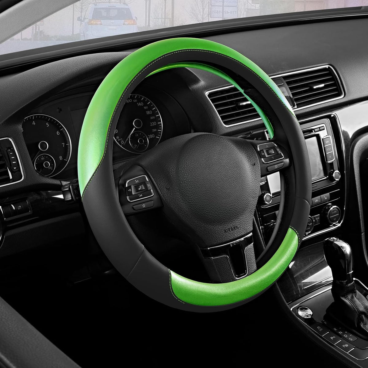Road Comforts Steering Wheel Cover – Breathable Leather Steering Wheel Cover, Anti-Slip Grip, Universal Fit 14.5” to 15”, Heat & Cold Resistant for Cars, SUVs, and Trucks – Black & Green