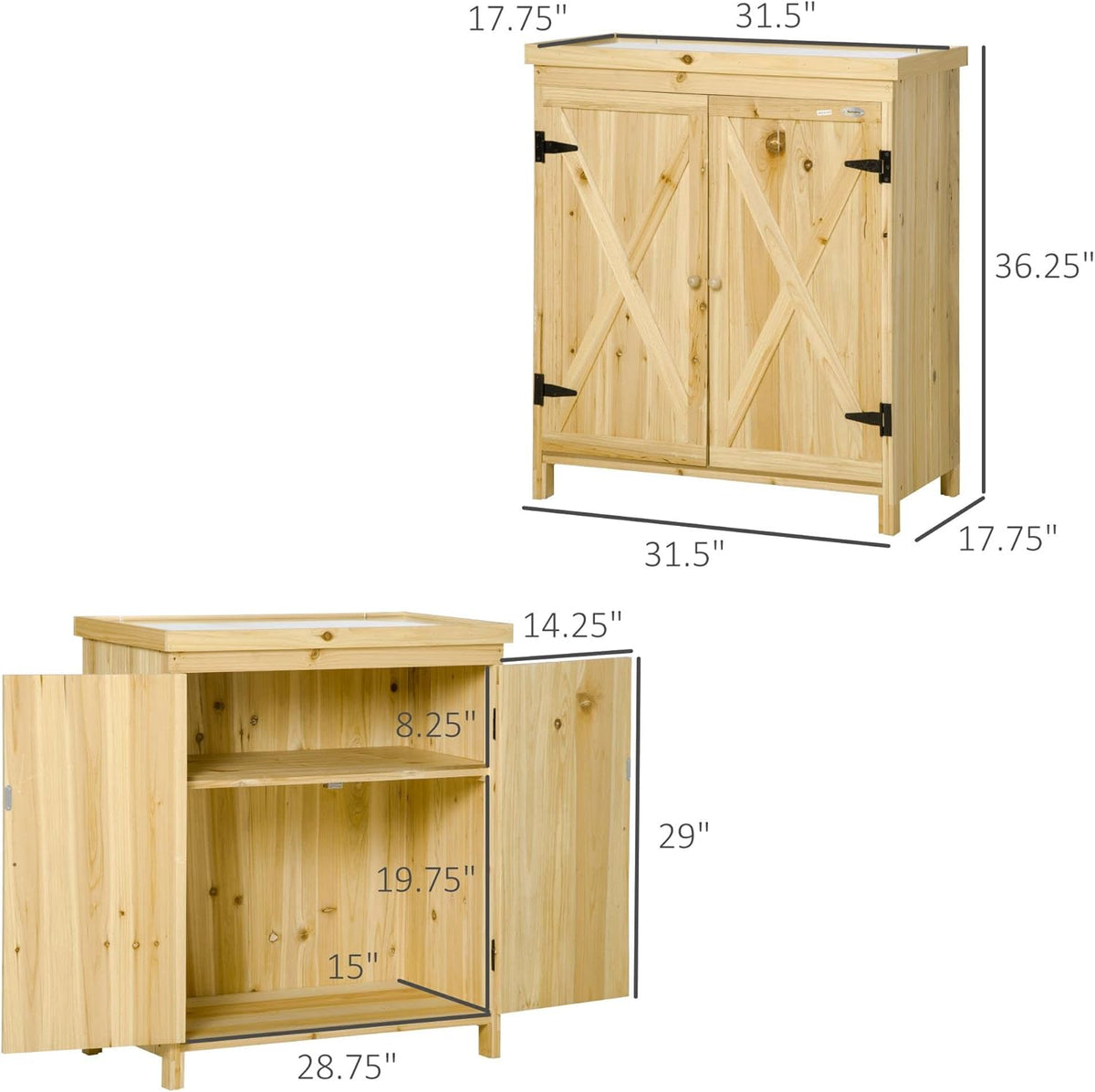 Garden Storage Cabinet, Outdoor Tool Shed with Galvanized Top and Two Shelves for Yard Tools or Pool Accessories, Natural