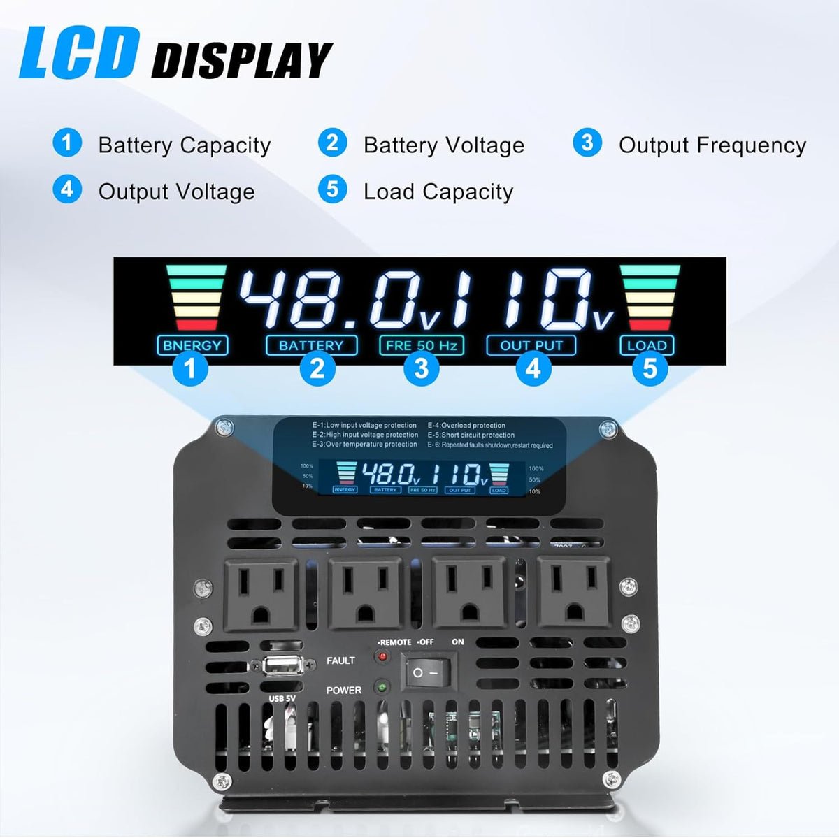 LVYUAN 5000 Watt Power Inverter 48V to 110V 120V for Vehicle, Solar Inverter System, Heavy Duty, RV, Truck, Off Grid,Camping with 4 AC Outlets, LCD Display, Wireless Remote Control, Car Power Inverter