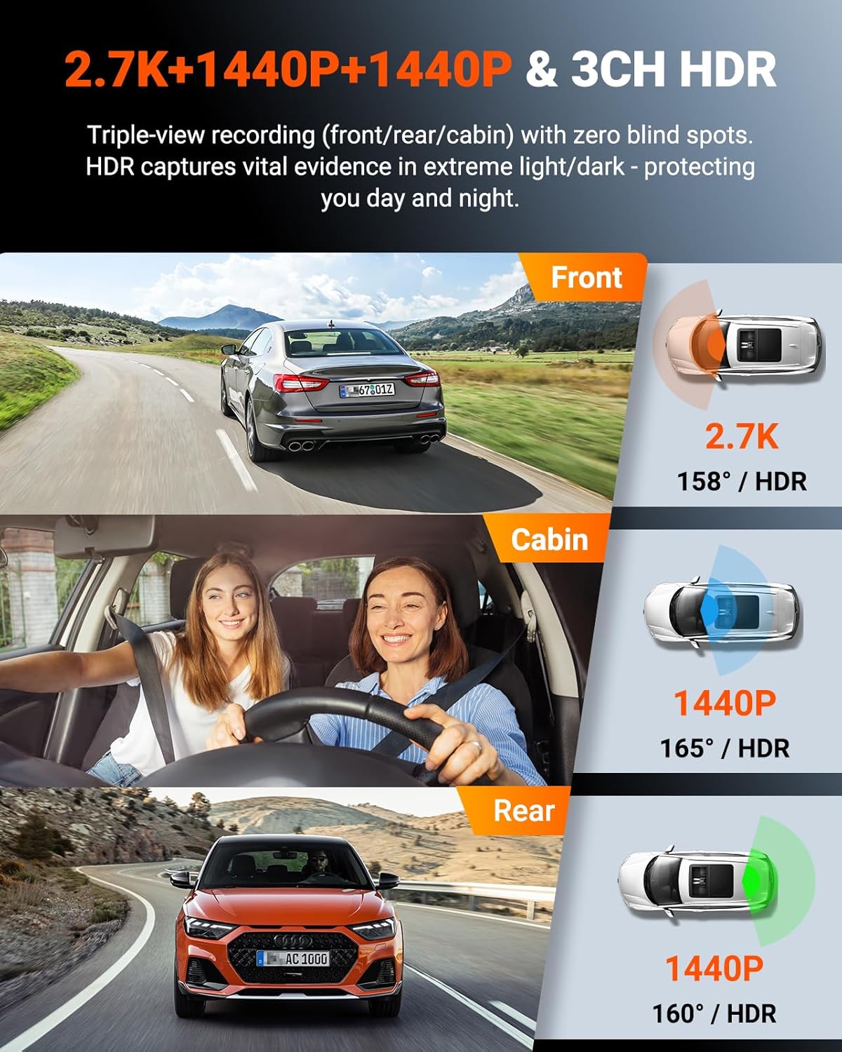 Vantrue N4S 3 Channel Front Inside Rear Dash Cam, 2.7K+1440P+1440P WiFi Dash Camera w/PlatePix™, STARVIS 2 x HDR x IR Night Vision, Voice Control, GPS, 24/7 Parking Mode, LTE Support, Support 1TB Max