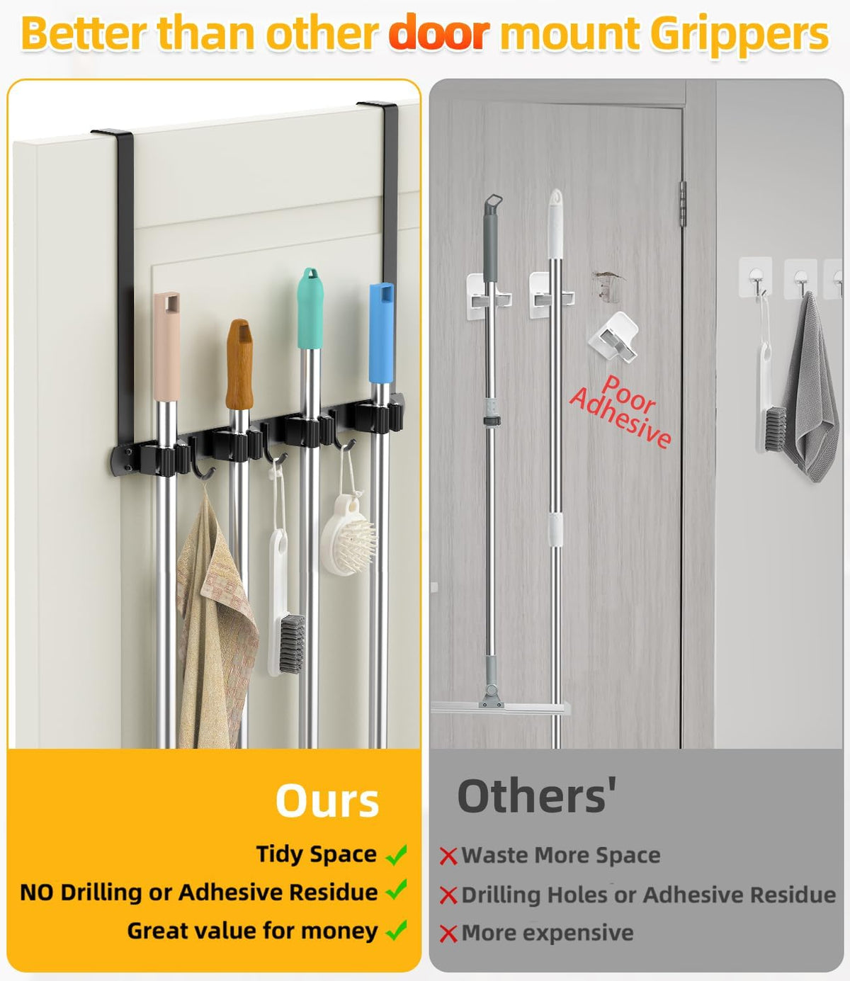 Broom Holder Over The Door - 304 Stainless Steel Mop and Broom Holder Wall Mounted or Hanging Over The Door with Hooks - Broom Hanger, Broom Storage Tool Organizer for Garage Closet Laundry