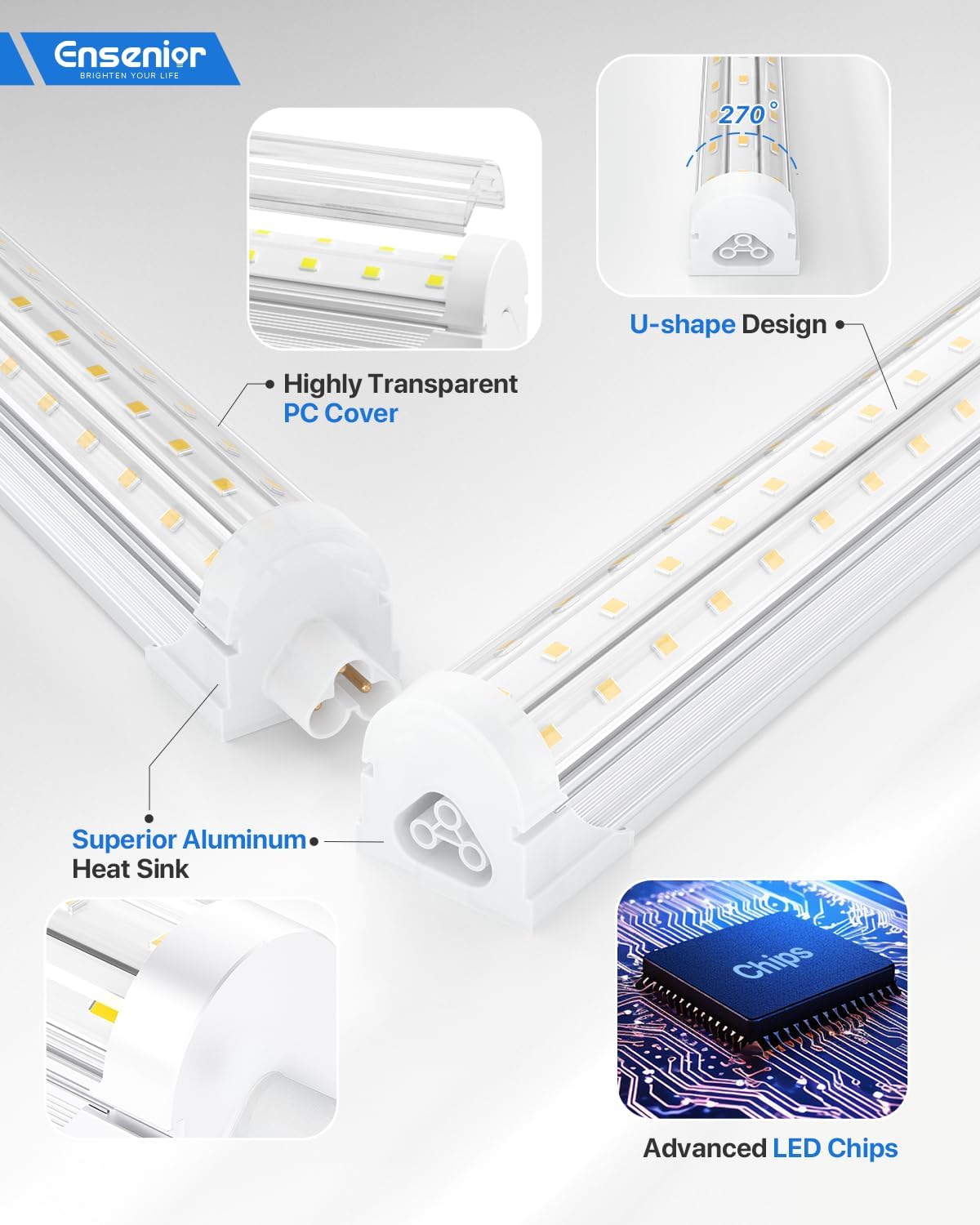 Ensenior 4 Pack 4 FT Led Shop Lights, 6000K Clear White, 5000LM Super Bright, 36W Equivalency 468W, Commercial Bay Lighting, U-Shaped Linkable Shop Lights Plug in for Garage, Workshop, FCC Certified