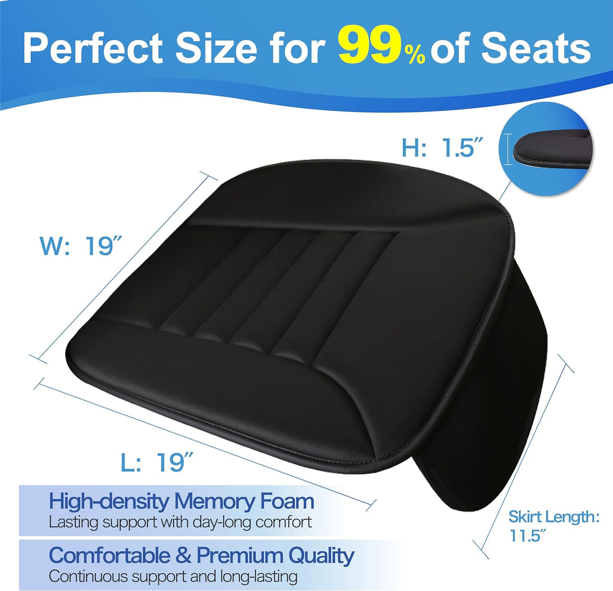 Premium Car Seat Cushion, Driver Cushion with Comfort Memory Foam & Non-Slip Rubber Bottom, Car Seat Pad Works with 95% of Vehicles and Office Chair or Home (Black)