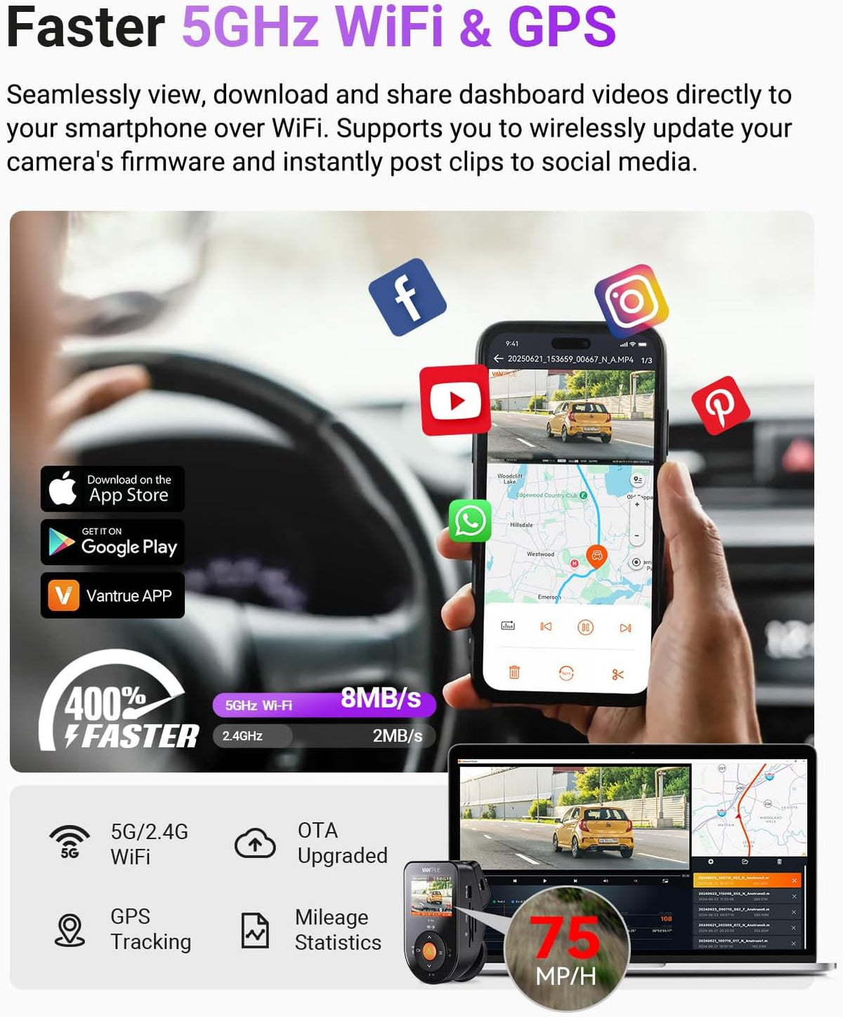 Vantrue S1 Pro 2.7K Front Mini Dash Cam, 2.5K@60FPS, STARVIS 2, ADAS, Voice Control, PlatePix™ Night Vision, WiFi, GPS, 158°Wide Angle, 24/7 Parking Mode, Support 1TB Card Max