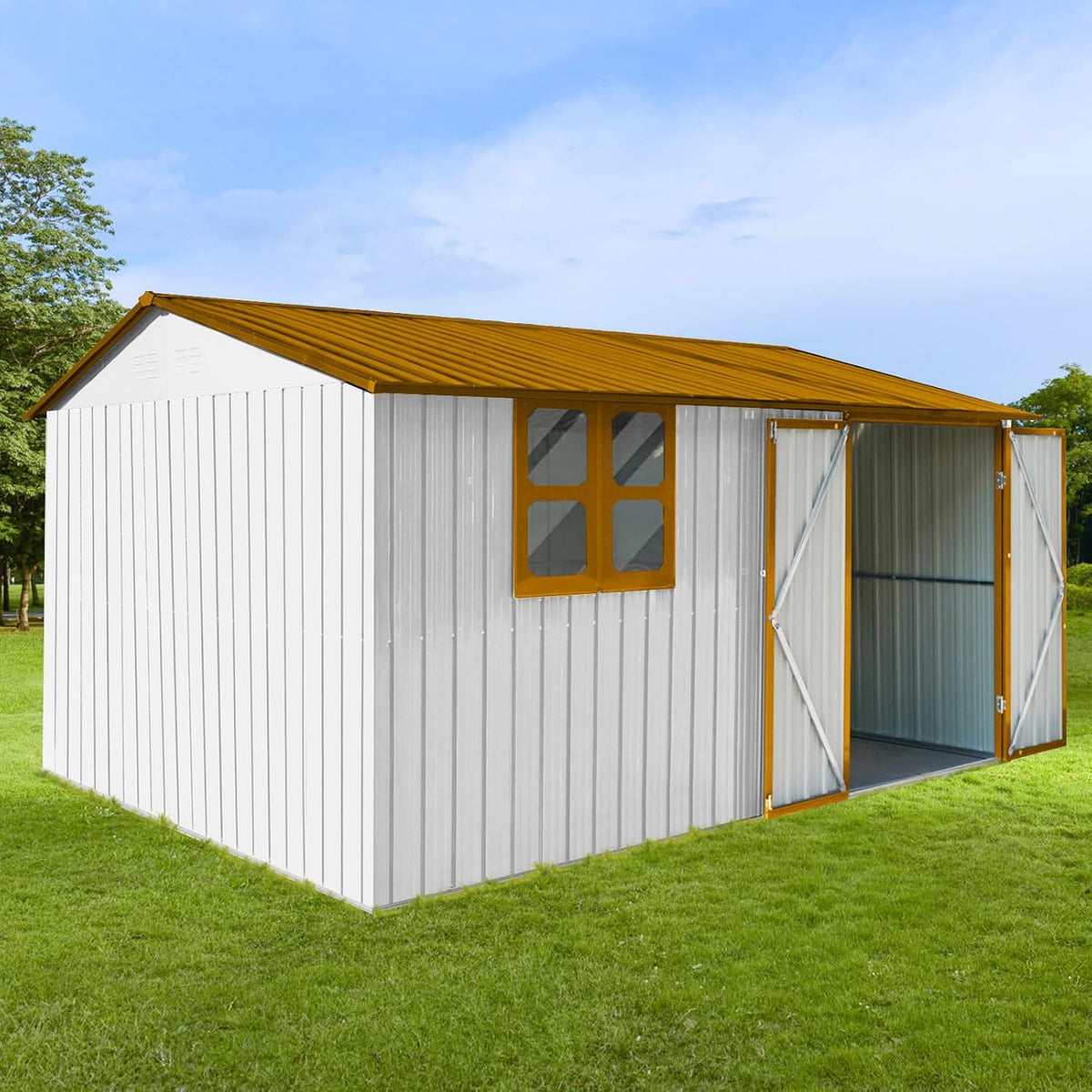 Outdoor Storage Shed,12X10 FT Metal Garden Shed with Lockable Doors & Slooping Roof,Updated Reinforced Door,Tool/Bike Sheds for Backyard, Patio, Poolside,Garage