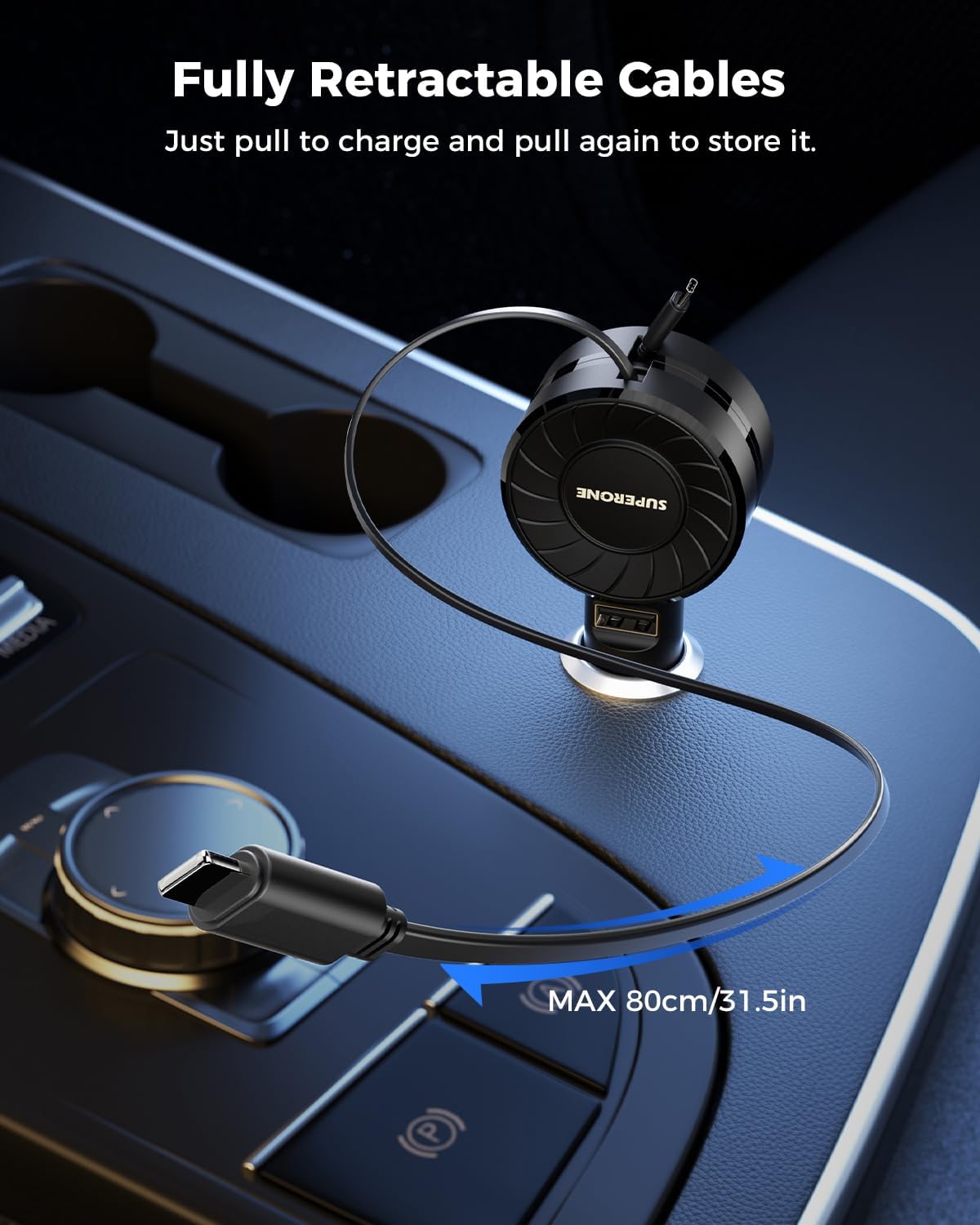 SUPERONE Retractable Car Charger with Retractable Cords, Small Fast Charge Retractable Car Phone Charger for iPhone and Android, Compatible with iPhone 16/15/14/13/12/11 Pro Max Samsung