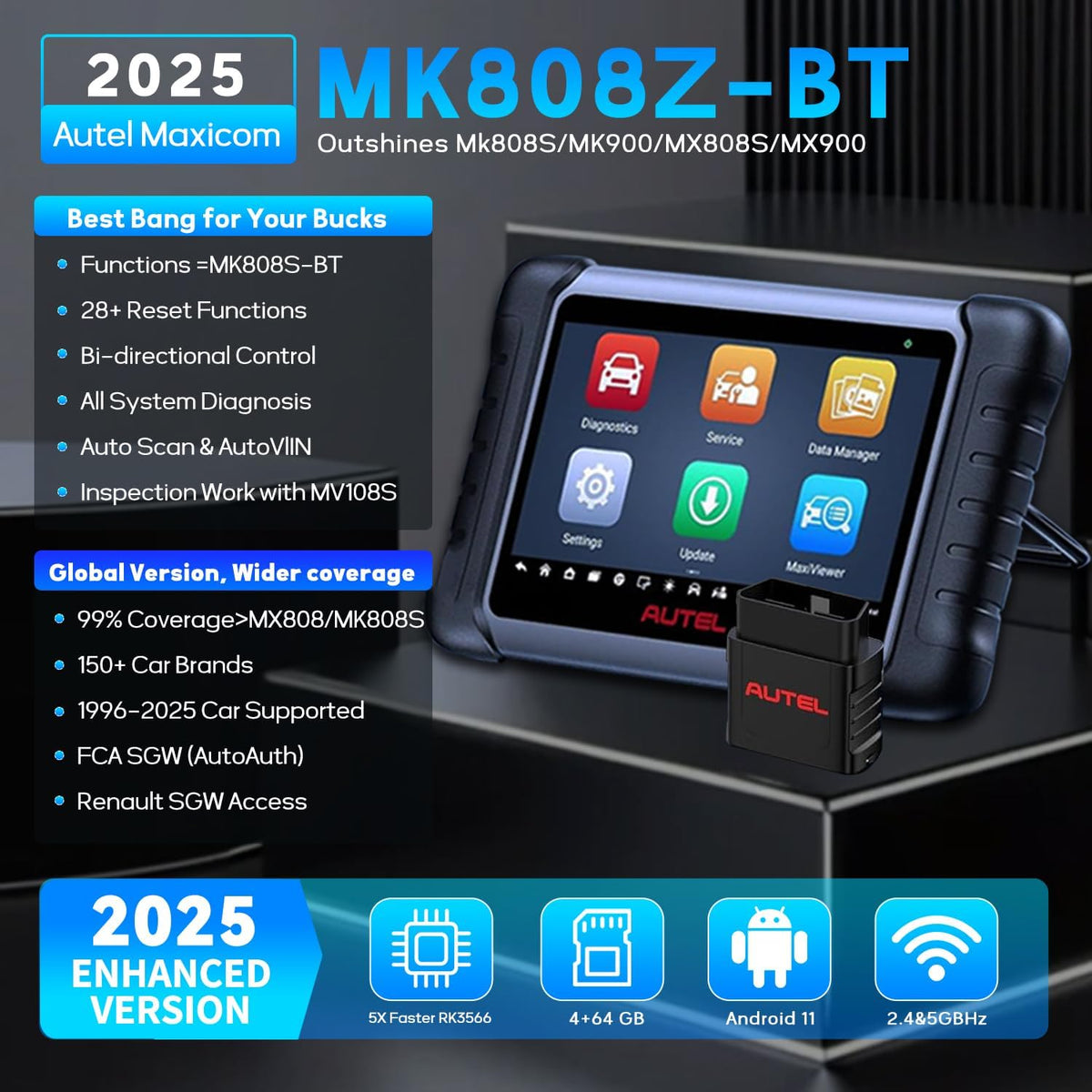 Autel MaxiCOM MK808Z-BT Diagnostic Scanner - Bidirectional Scan Tool Work as MK900BT, Up of MK808S MX808S MK808Z, 28+ Services, Works w/ BT506/MV108S, Android 11, 150+ Brands, FCA
